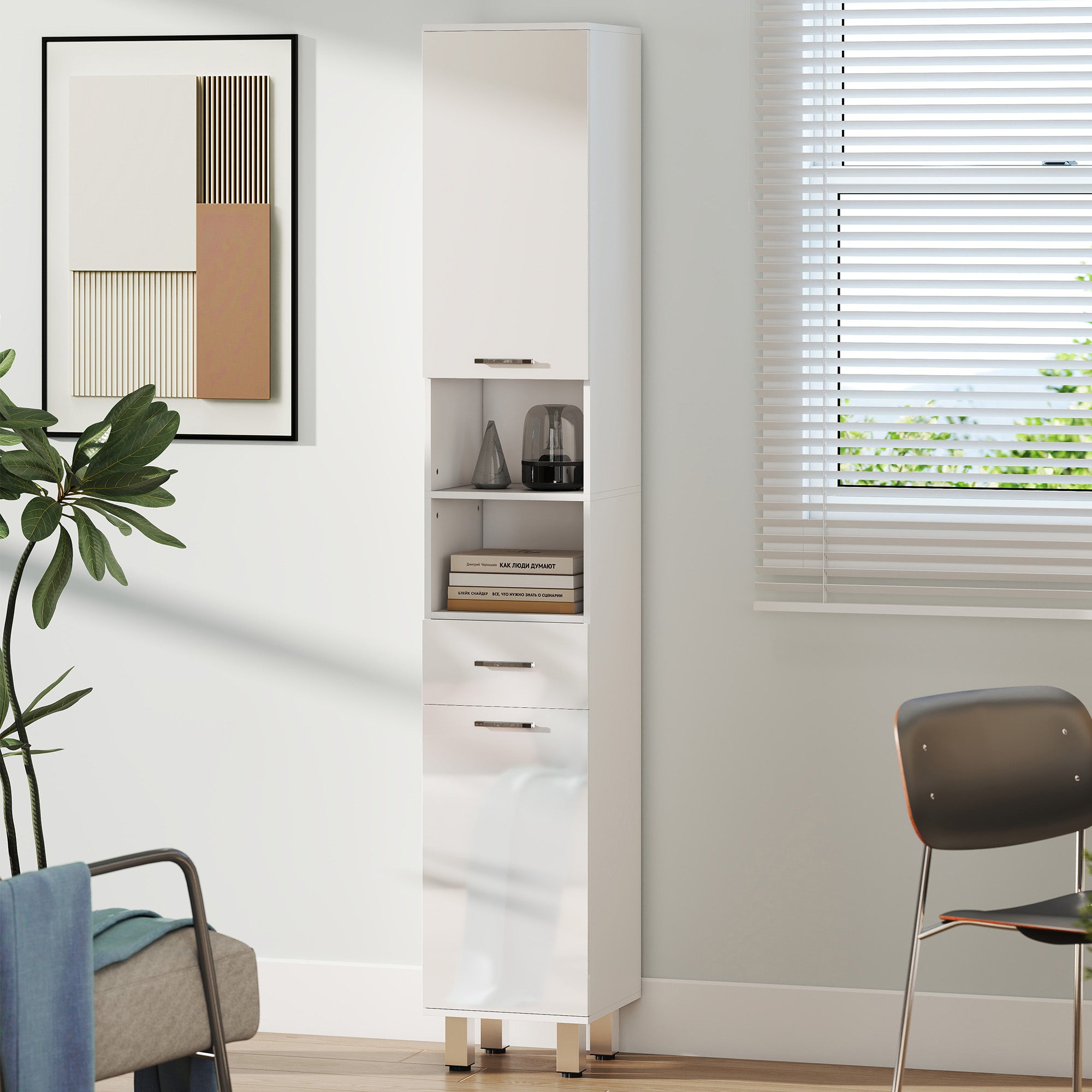 Armoire salle de bain haute, meuble de rangement colonne, placards, tiroir, étagères réglables, niches ouvertes, grand meuble étroit pour toilette, petits espaces, 30x30x180cm, blanc brillant