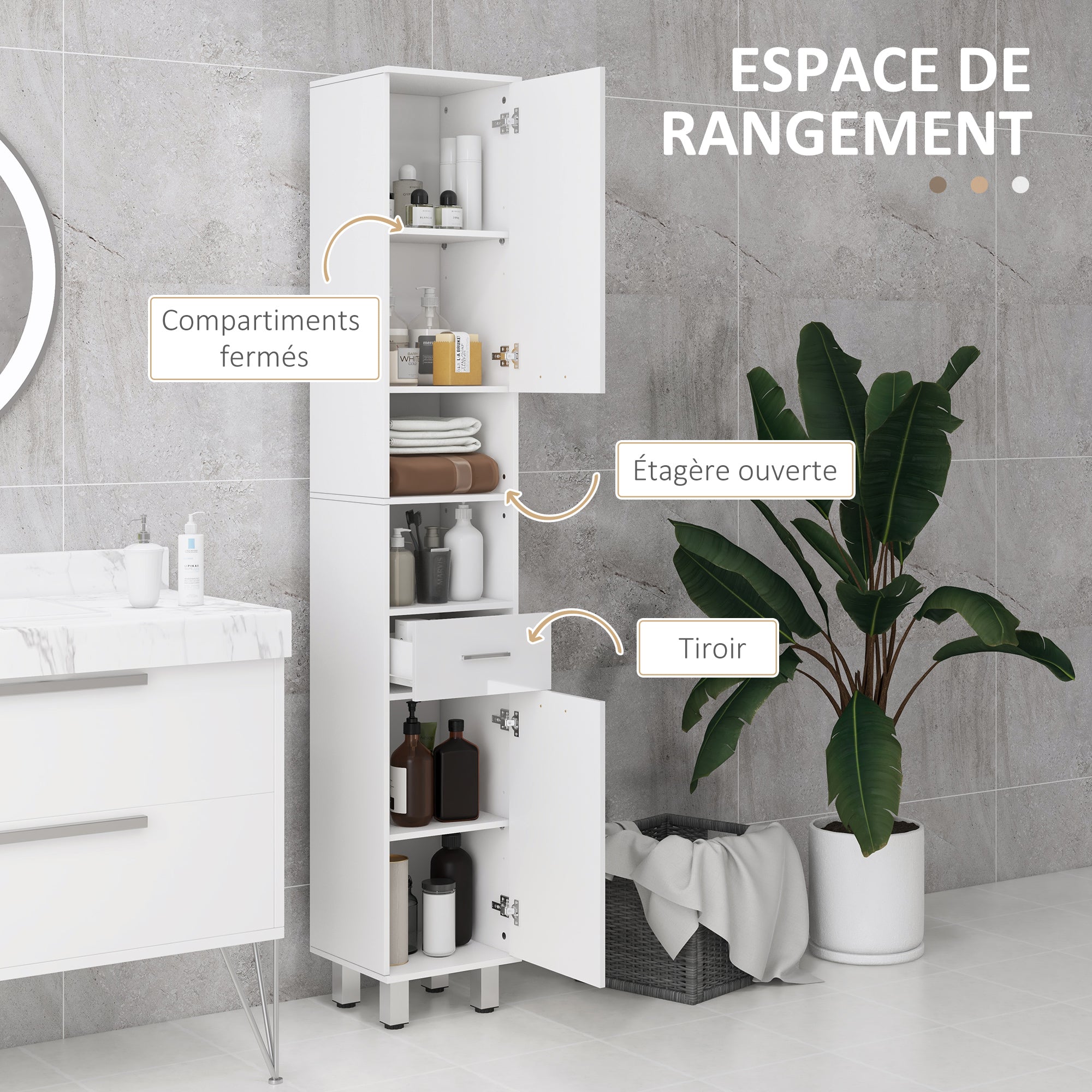 Armoire salle de bain haute, meuble de rangement colonne, placards, tiroir, étagères réglables, niches ouvertes, grand meuble étroit pour toilette, petits espaces, 30x30x180cm, blanc brillant