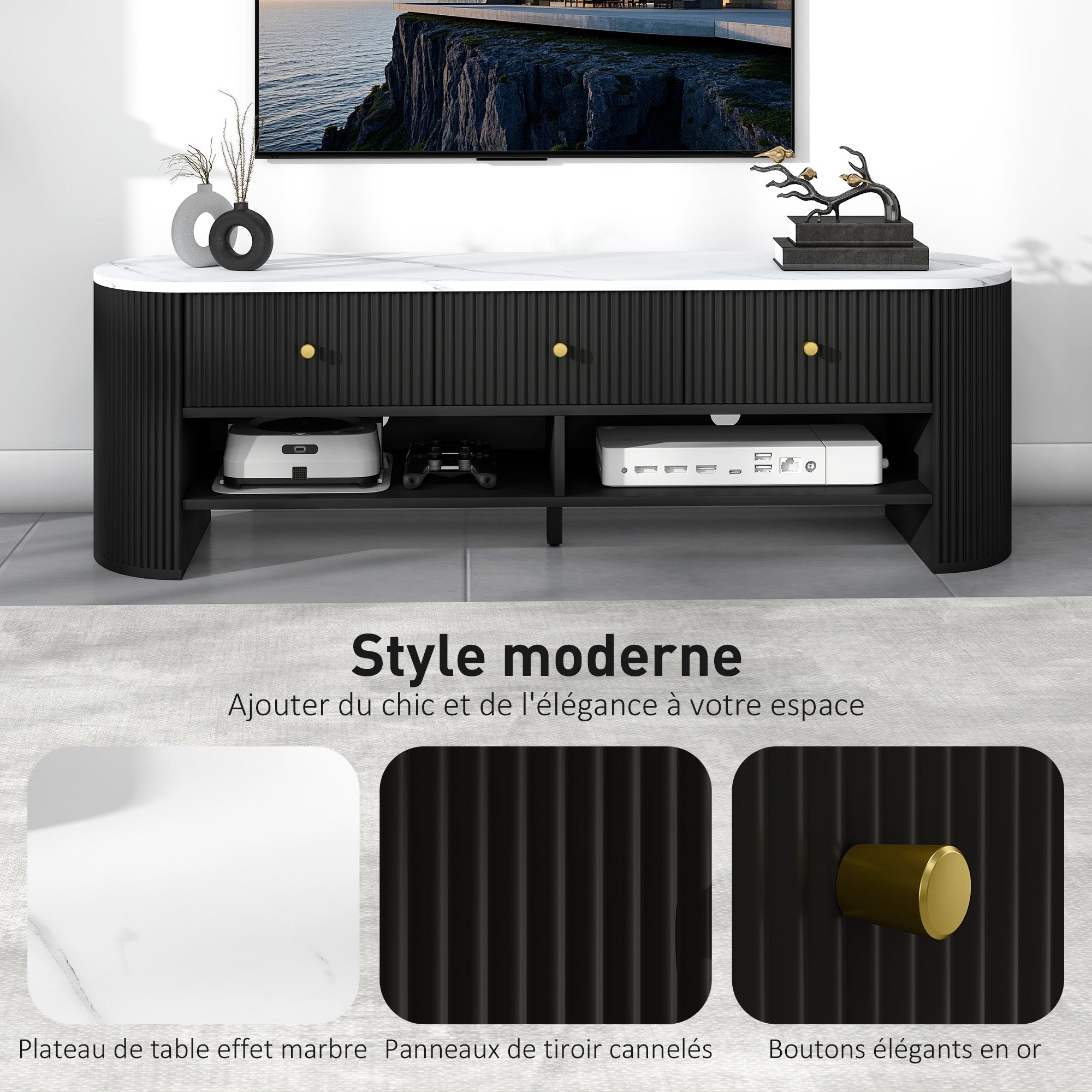 Meuble TV 140 cm, meuble télé pour téléviseur 32-65 pouces effet marbre avec 3 tiroirs façades à cannelures, 2 étagères ouvertes et 2 trous pour câbles, banc TV moderne, noir