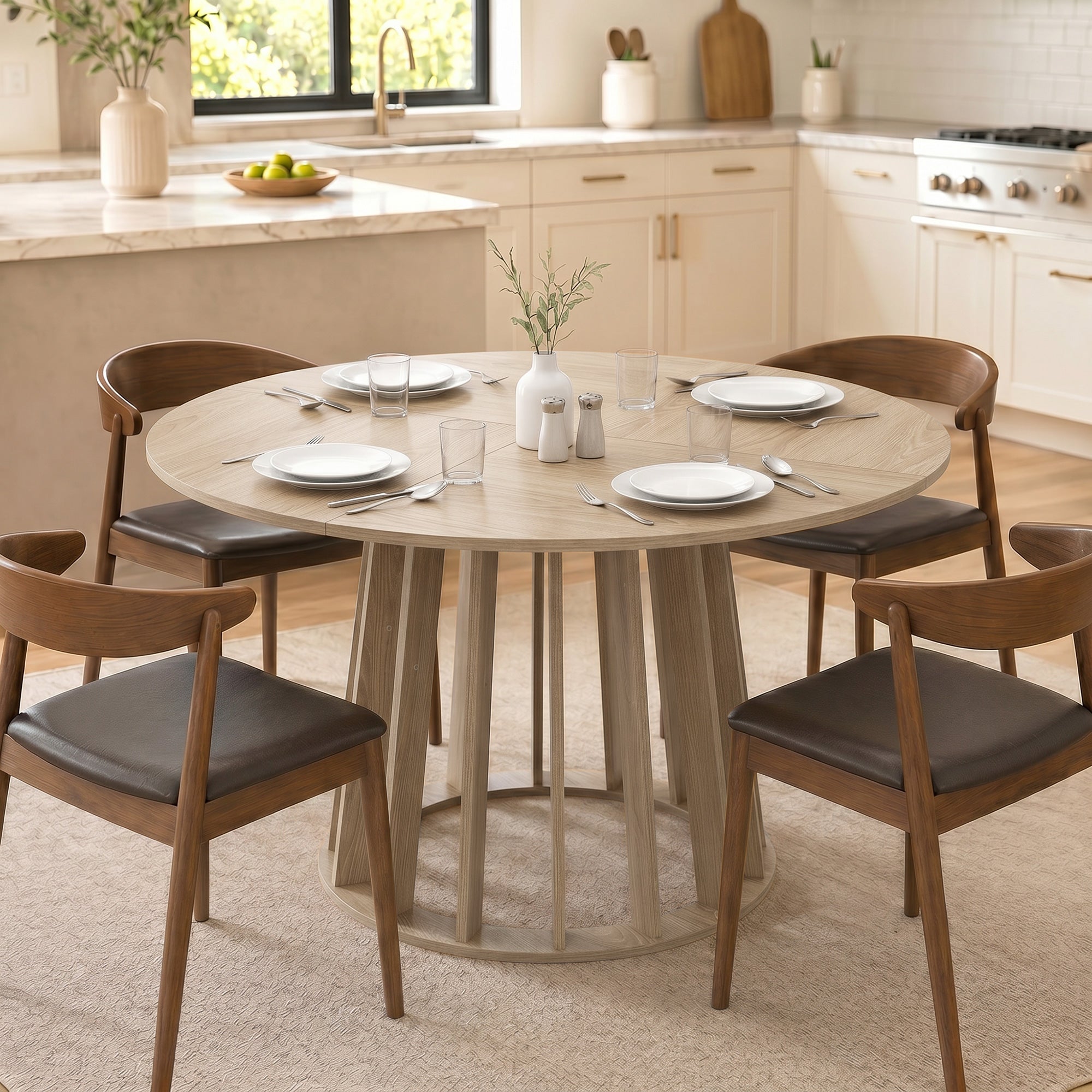 Table à Manger Ronde pour 4 à 6 Personnes, Ø 120 x 75 cm, Table de Cuisine avec Piétement à Lattes Robuste, Style Moderne, pour Salle à Manger, Cuisine, Salon, Bois Naturel