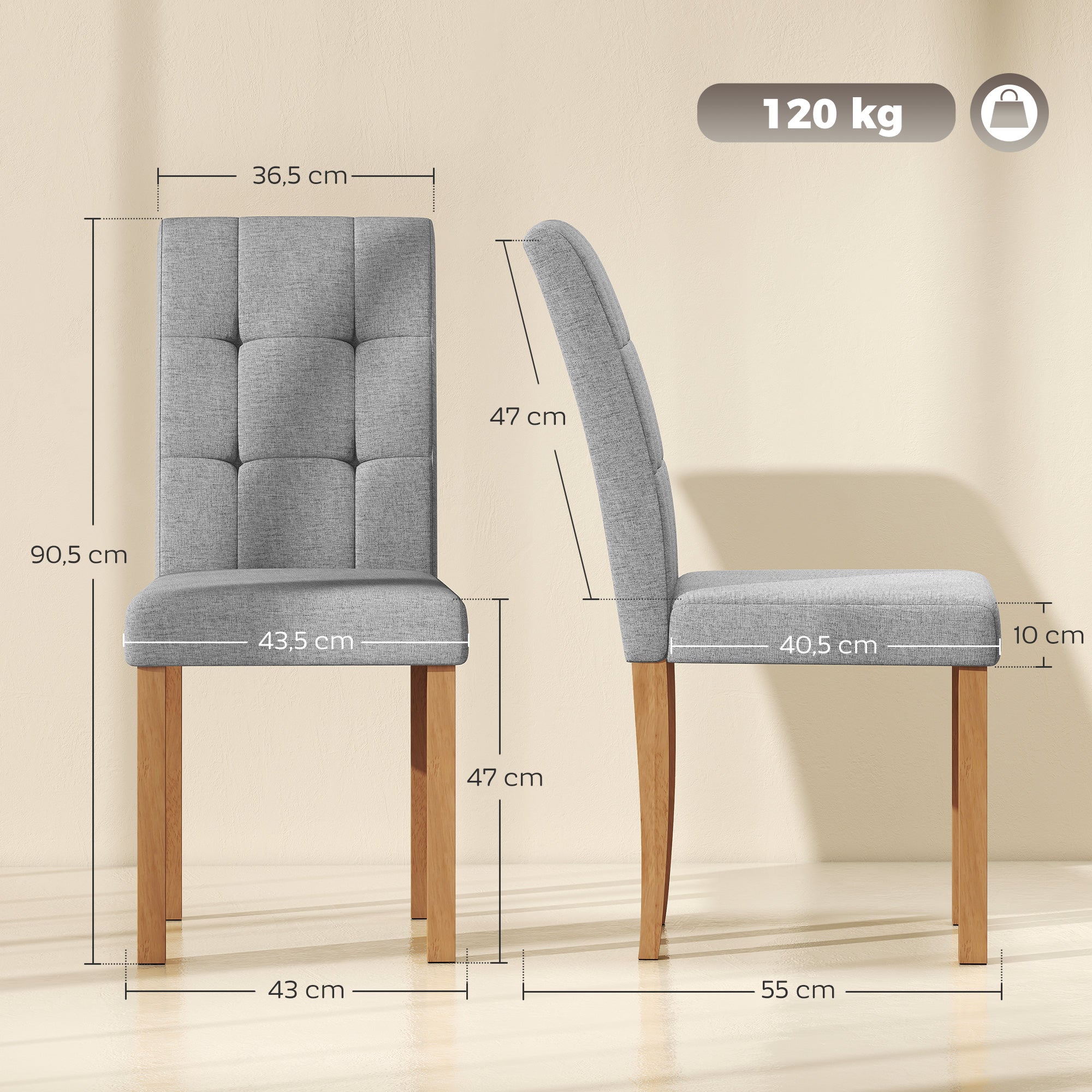 Lot de 2 chaises de salle à manger, chaise de cuisine moderne avec siège rembourré en tissu effet lin et pieds en bois d'hévéa, pour salon, salle à manger, gris clair et naturel