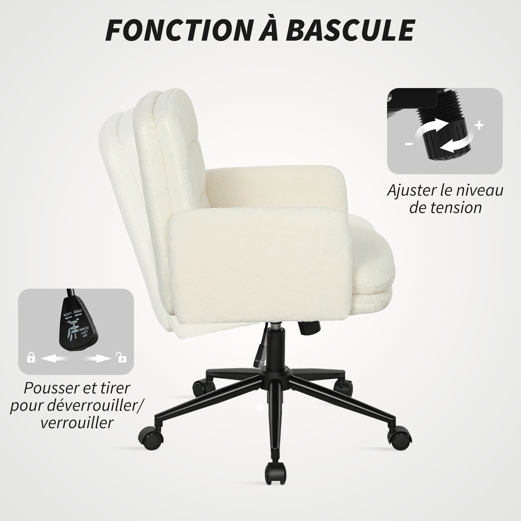 Chaise de bureau, fauteuil ergonomique en tissu effet laine bouclée avec hauteur réglable, fonction de bascule, pivotant 360° et assise rembourrée, pour salon, chambre, télétravail, crème