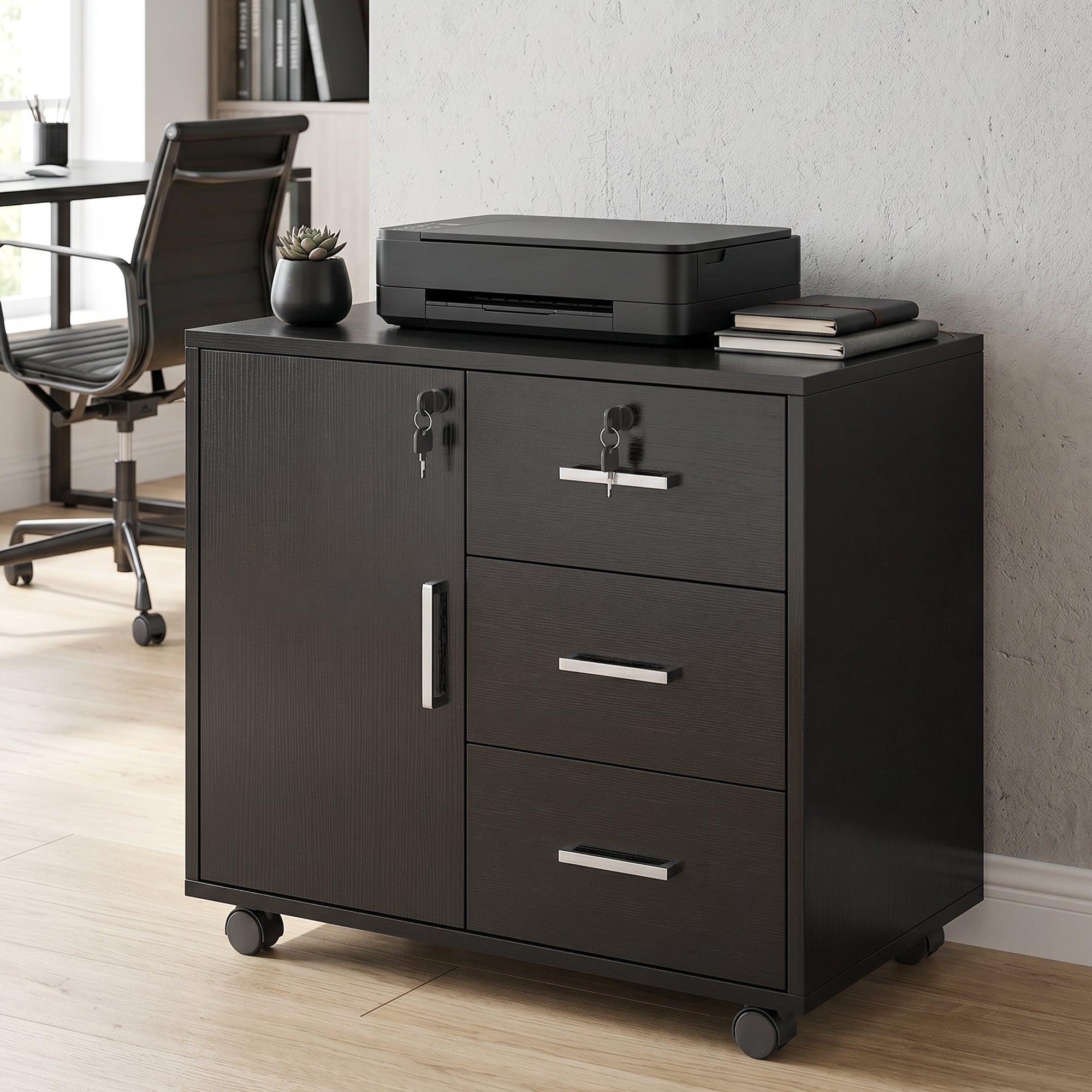 Caisson bureau meuble de rangement avec 3 tiroirs et étagère réglable, armoire rangement bureau verrouillable avec roulettes, dim. 40 x 60 x 56 cm, noir