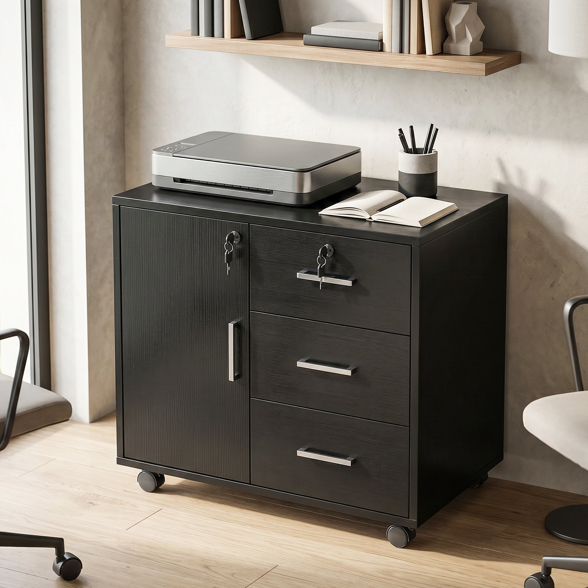 Caisson bureau meuble de rangement avec 3 tiroirs et étagère réglable, armoire rangement bureau verrouillable avec roulettes, dim. 40 x 60 x 56 cm, noir