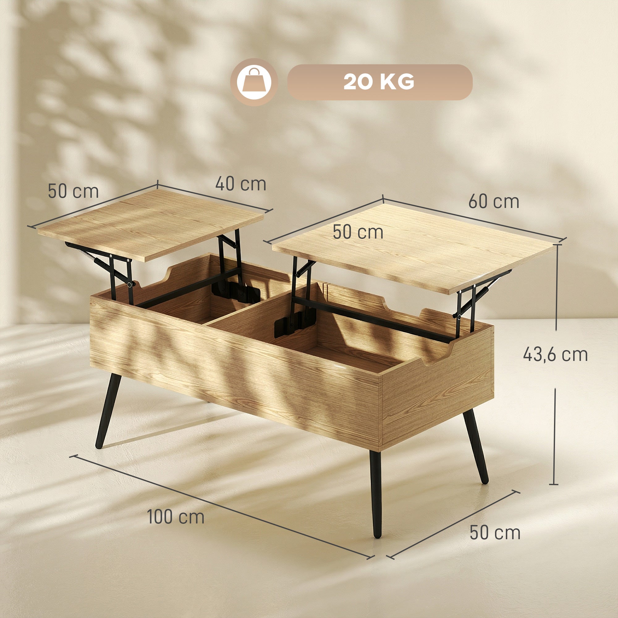 Table basse relevable avec double plateau, table de salon avec compartiment caché et pieds en métal, style moderne, pour salon, bureau, 100 x 50 x 58 cm, bois naturel