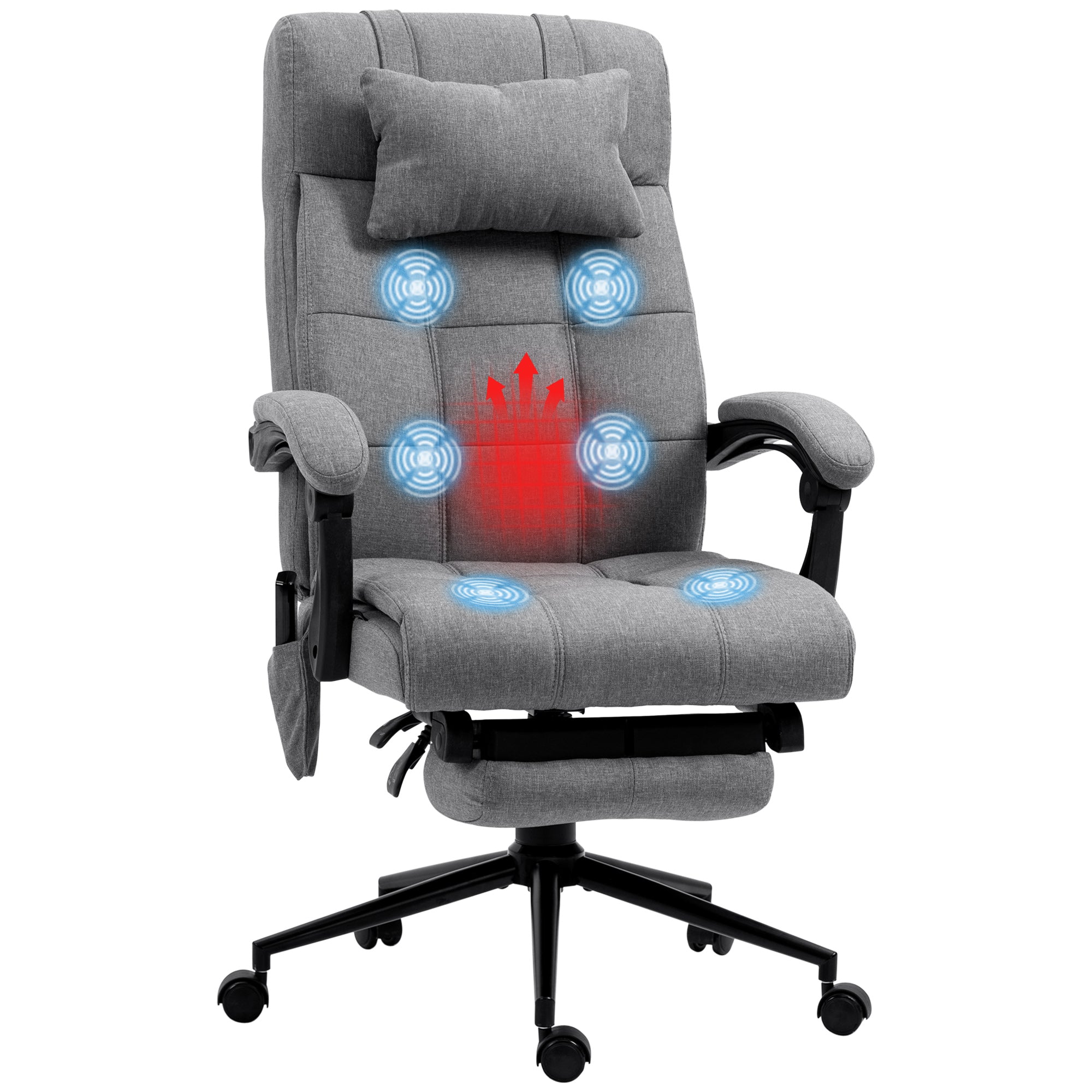 Fauteuil de bureau avec massage et chauffant, chaise de bureau ergonomique, repose-pied, vérin à gaz TUV, appuie-tête amovible et dossier inclinable, hauteur réglable, gris