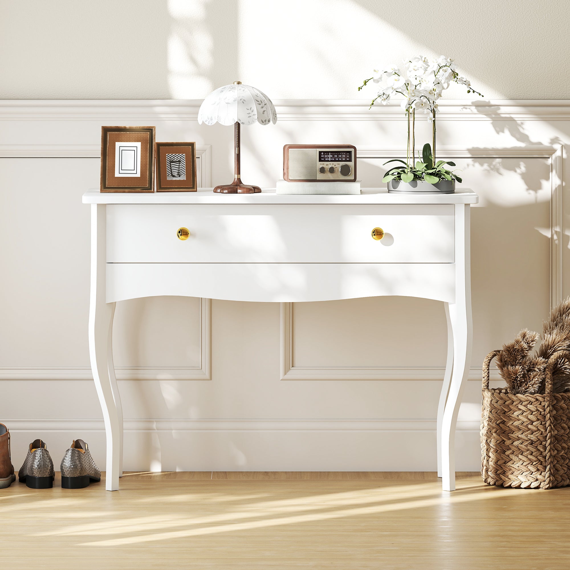 Coiffeuse, table de maquillage avec grand tiroir et pieds cabriole, bureau coiffeuse pour chambre à coucher, 100 x 40 x 74 cm, blanc