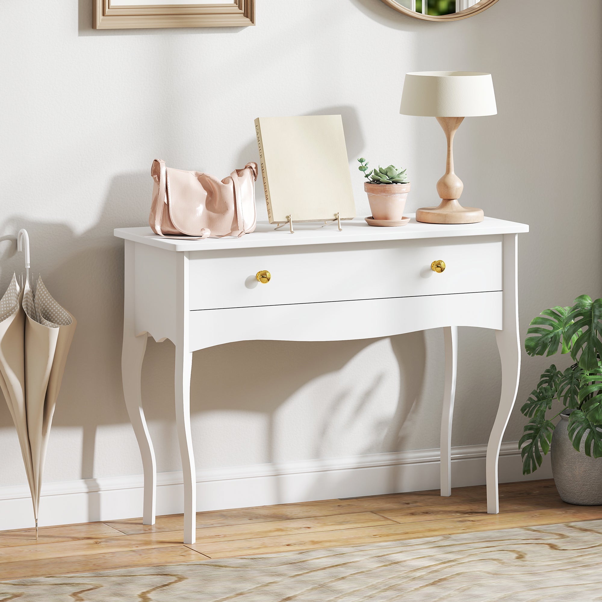 Coiffeuse, table de maquillage avec grand tiroir et pieds cabriole, bureau coiffeuse pour chambre à coucher, 100 x 40 x 74 cm, blanc