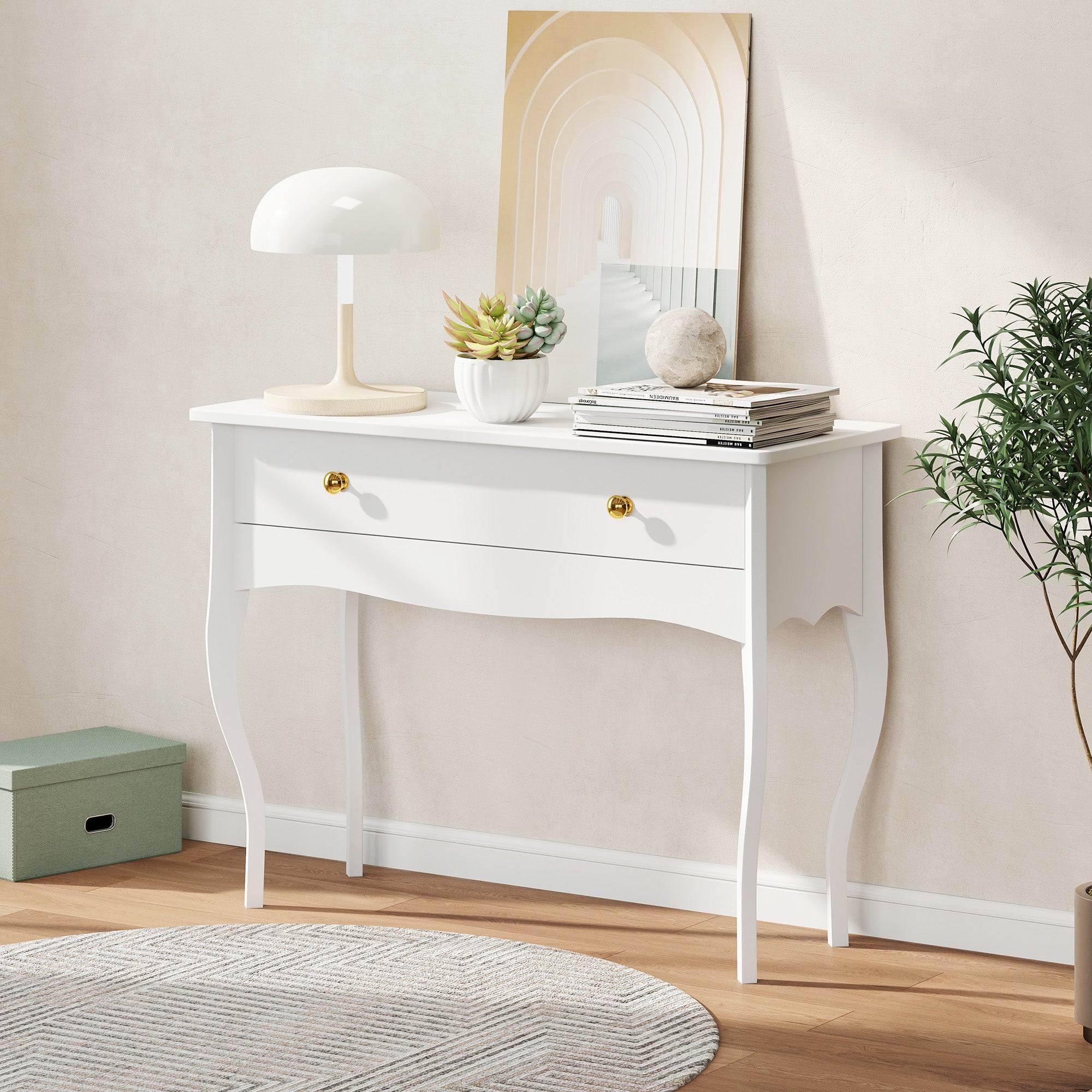 Coiffeuse, table de maquillage avec grand tiroir et pieds cabriole, bureau coiffeuse pour chambre à coucher, 100 x 40 x 74 cm, blanc