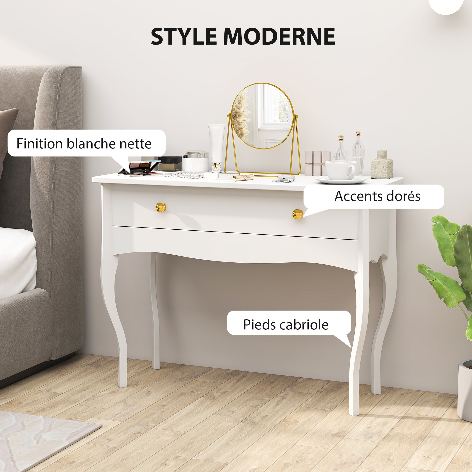 Coiffeuse, table de maquillage avec grand tiroir et pieds cabriole, bureau coiffeuse pour chambre à coucher, 100 x 40 x 74 cm, blanc