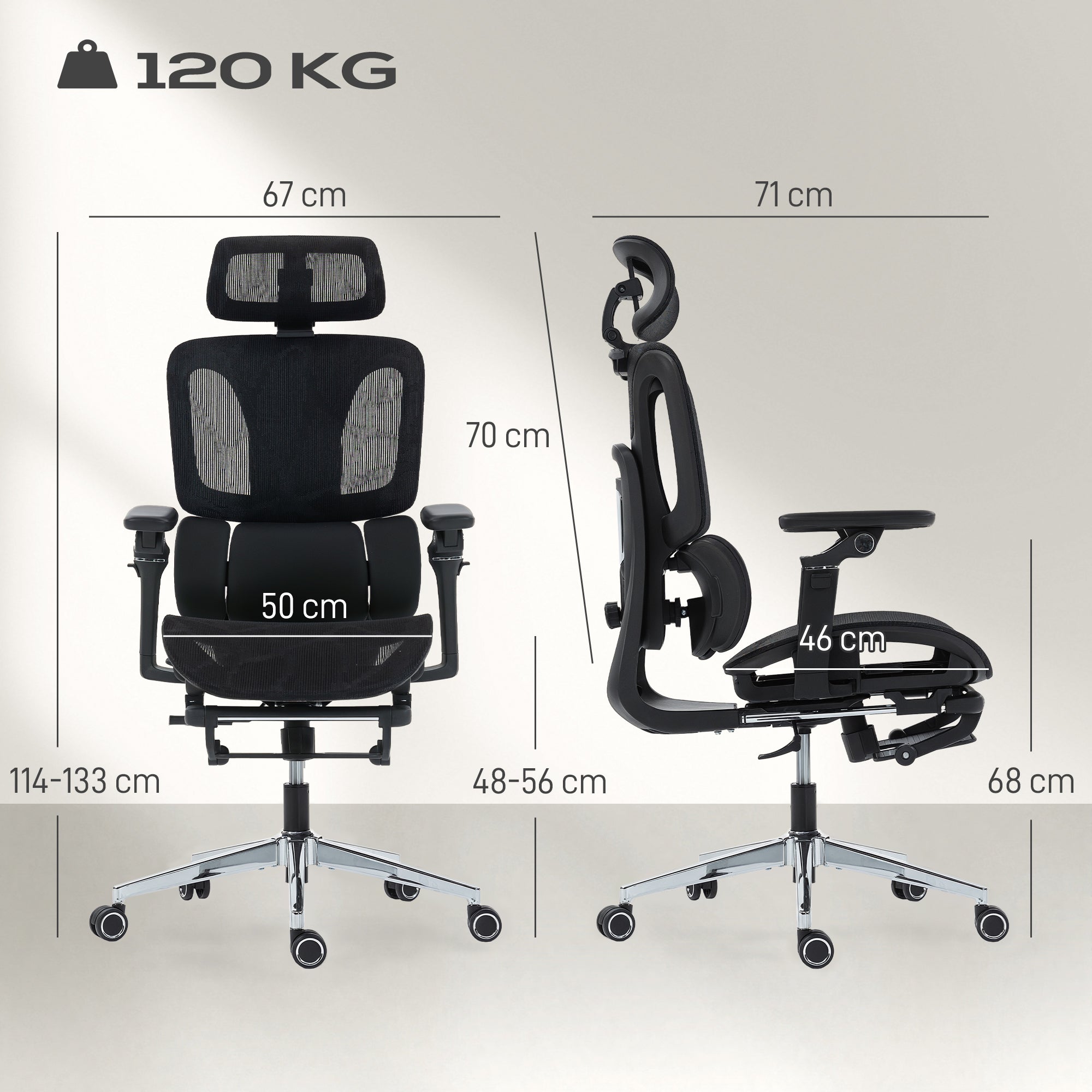 Chaise Bureau Ergonomique avec Accoudoirs 6D, Appui-Tête et Profondeur d'Assise Réglables, Fauteuil de Bureau en Maille Inclinable, Hauteur Réglable, Soutien Lombaire, Repose-Pieds, Noir