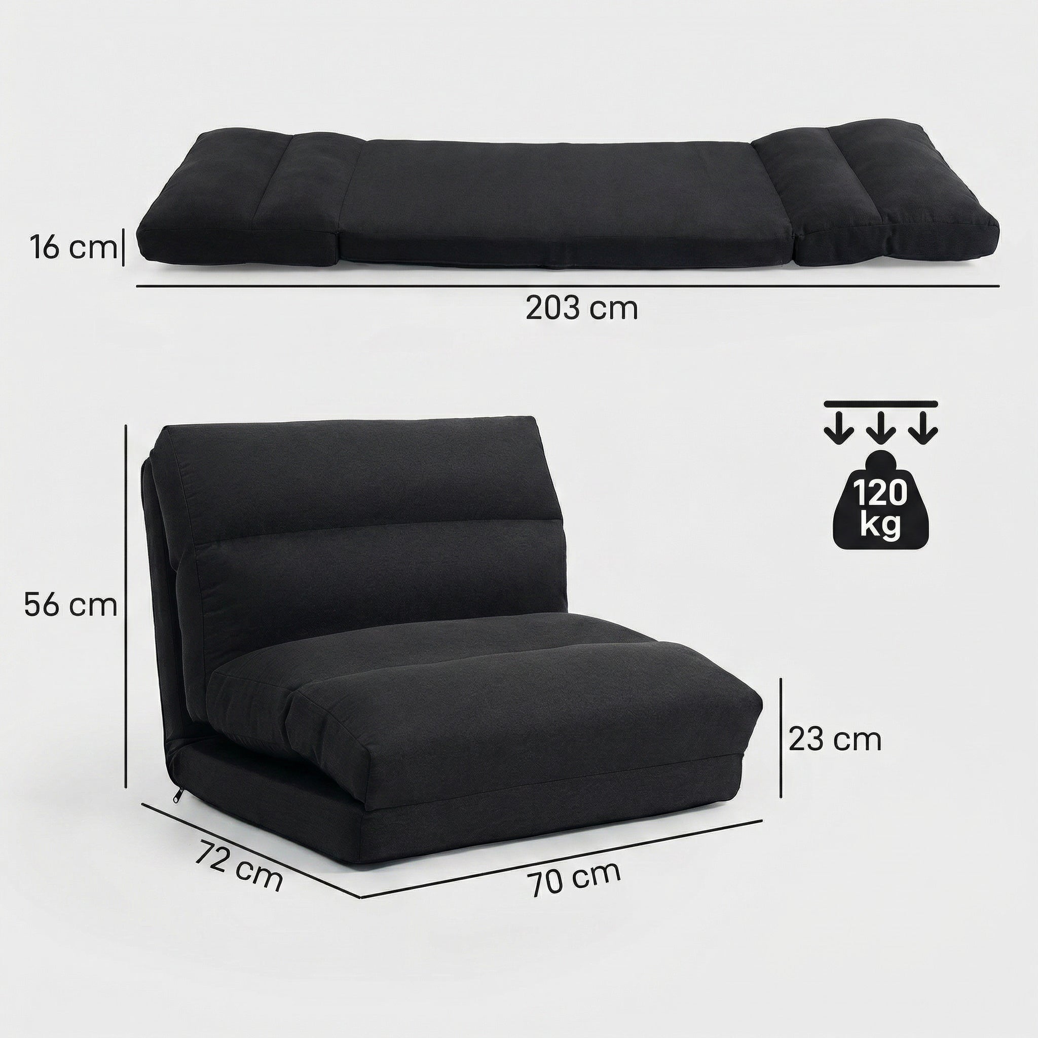 Canapé paresseux chauffeuse 1 place fauteuil paresseux convertible en lit fauteuil salon avec dossier inclinable sur 5 positions, charge 120 Kg, pour salon chambre et bureau, 70x72x56 cm, noir