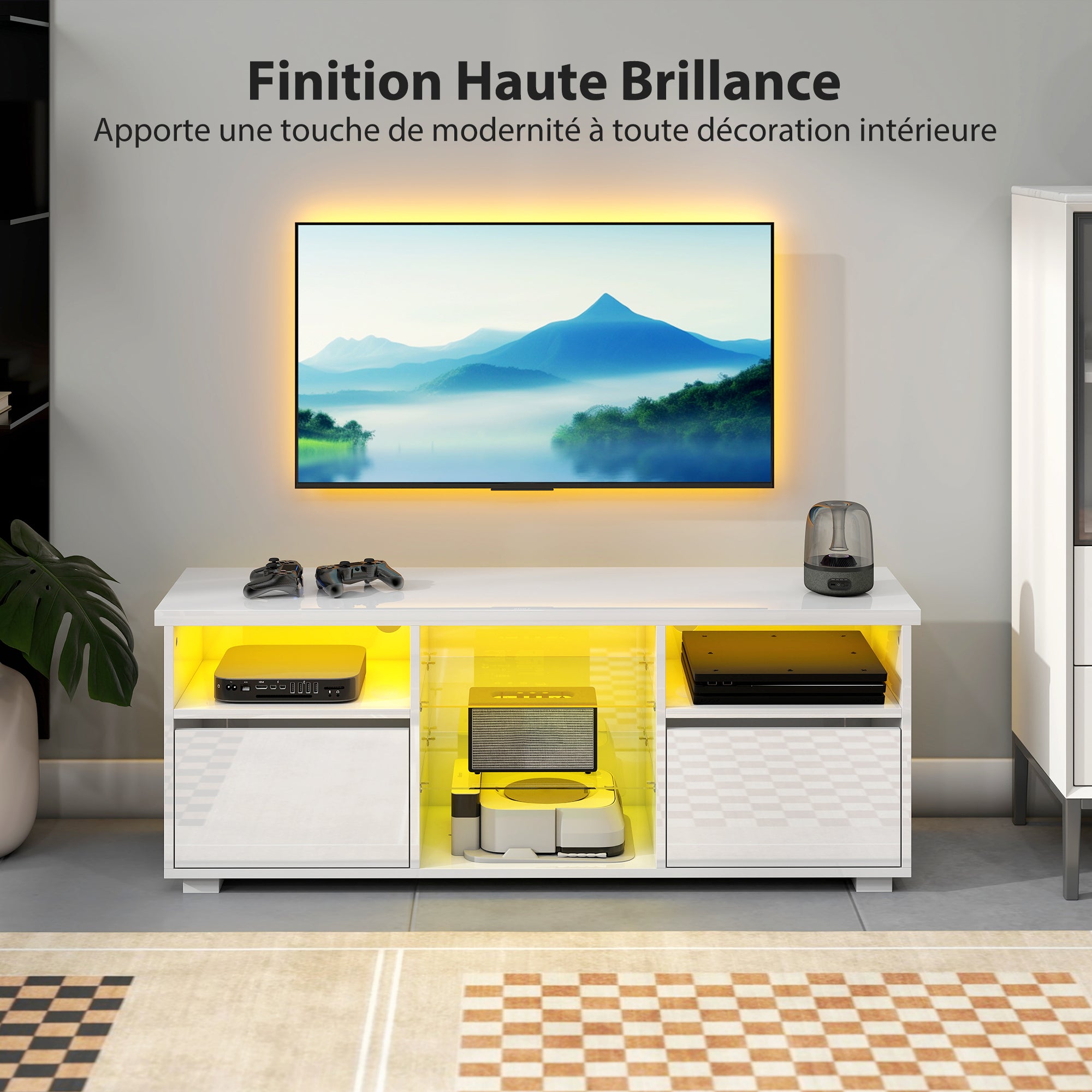 Meuble TV 120 cm, meuble télé pour téléviseur jusqu'à 55 pouces avec éclairage LED et télécommande, étagères en verre réglables, compartiments ouverts et passe-câbles, banc TV pour salon blanc
