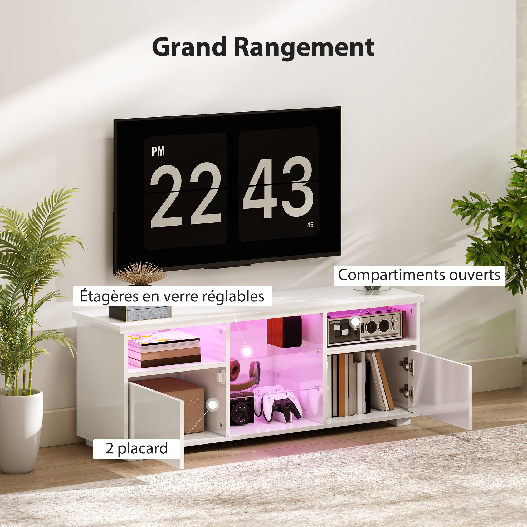 Meuble TV 120 cm, meuble télé pour téléviseur jusqu'à 55 pouces avec éclairage LED et télécommande, étagères en verre réglables, compartiments ouverts et passe-câbles, banc TV pour salon blanc