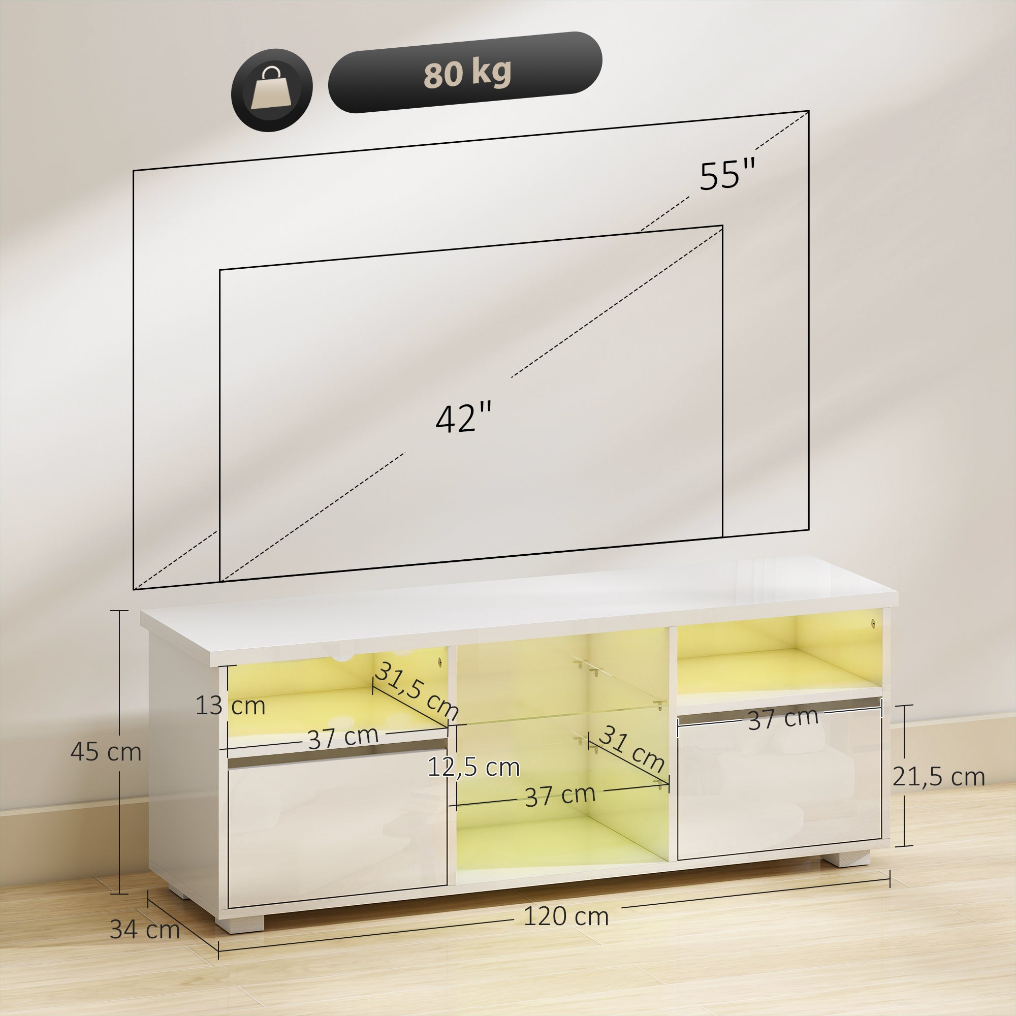 Meuble TV 120 cm, meuble télé pour téléviseur jusqu'à 55 pouces avec éclairage LED et télécommande, étagères en verre réglables, compartiments ouverts et passe-câbles, banc TV pour salon blanc