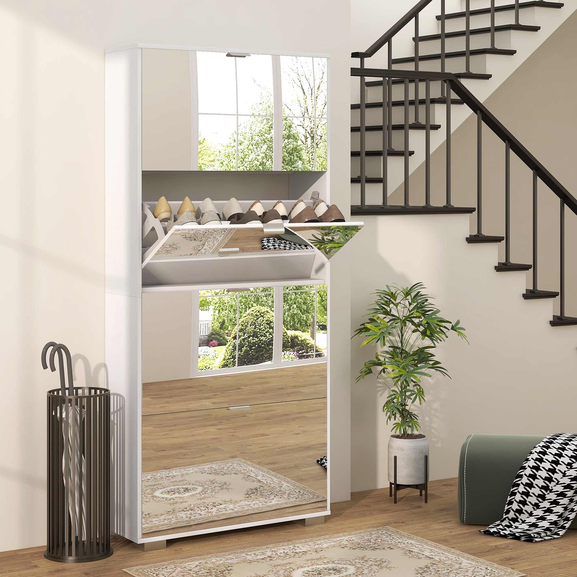 Meuble à chaussures 2 en 1 armoire à chaussures étroite façades miroir, 4 portes abattants, étagères réglables, gain de place, 76l x 26P x 168H cm blanc