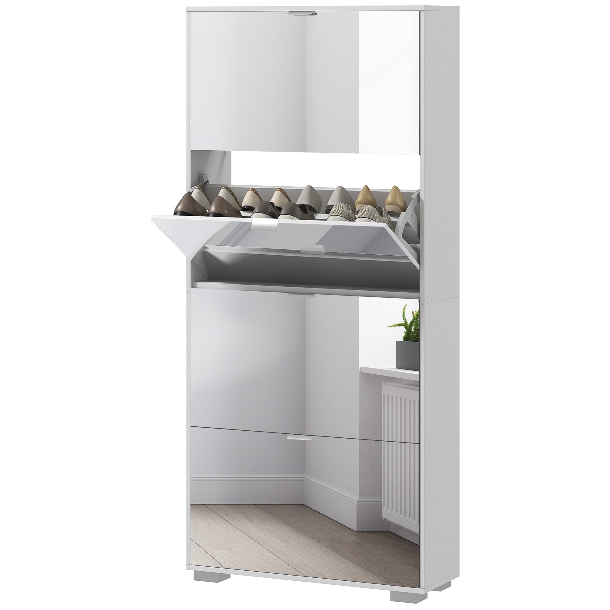 Meuble à chaussures 2 en 1 armoire à chaussures étroite façades miroir, 4 portes abattants, étagères réglables, gain de place, 76l x 26P x 168H cm blanc