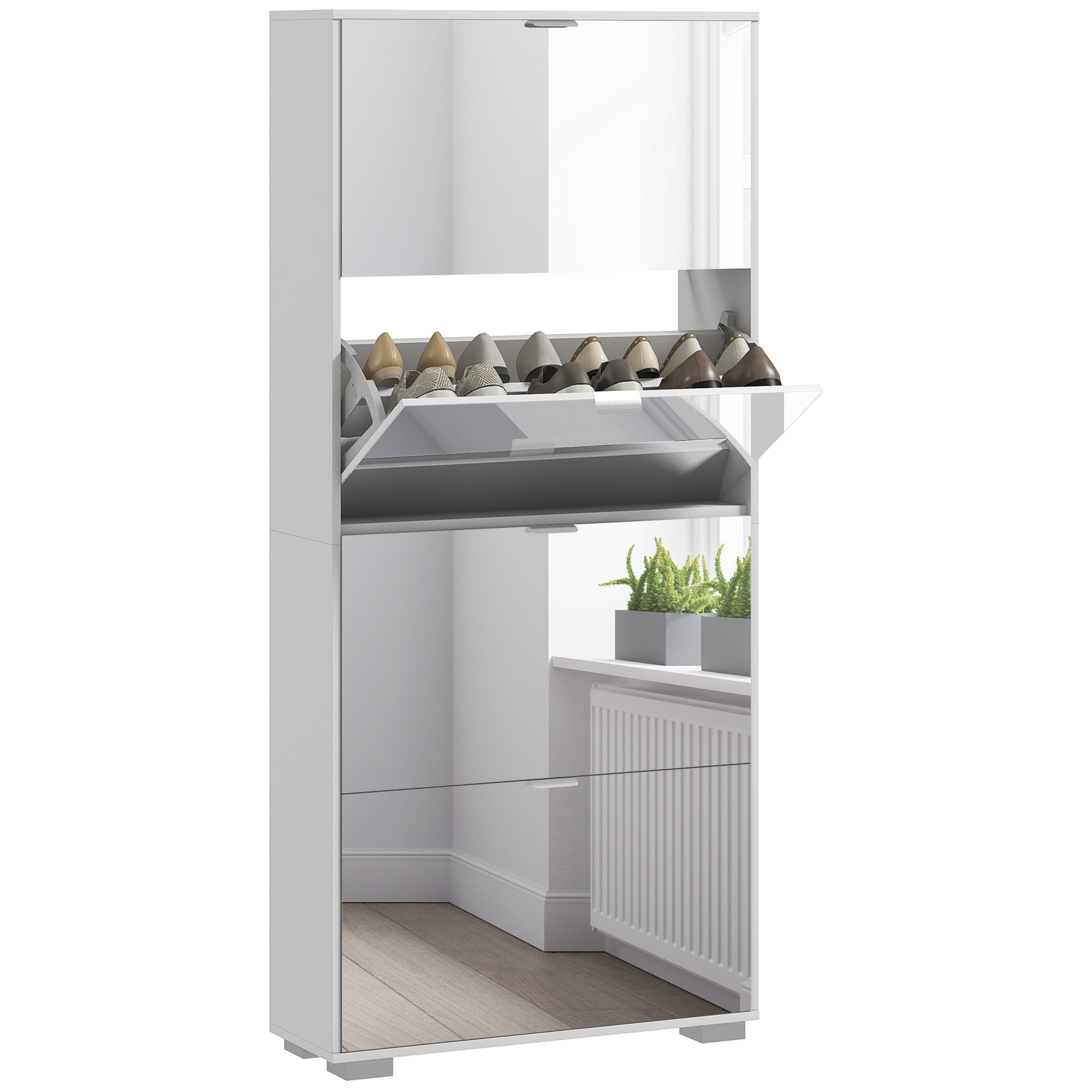 Meuble à chaussures 2 en 1 armoire à chaussures étroite façades miroir, 4 portes abattants, étagères réglables, gain de place, 76l x 26P x 168H cm blanc