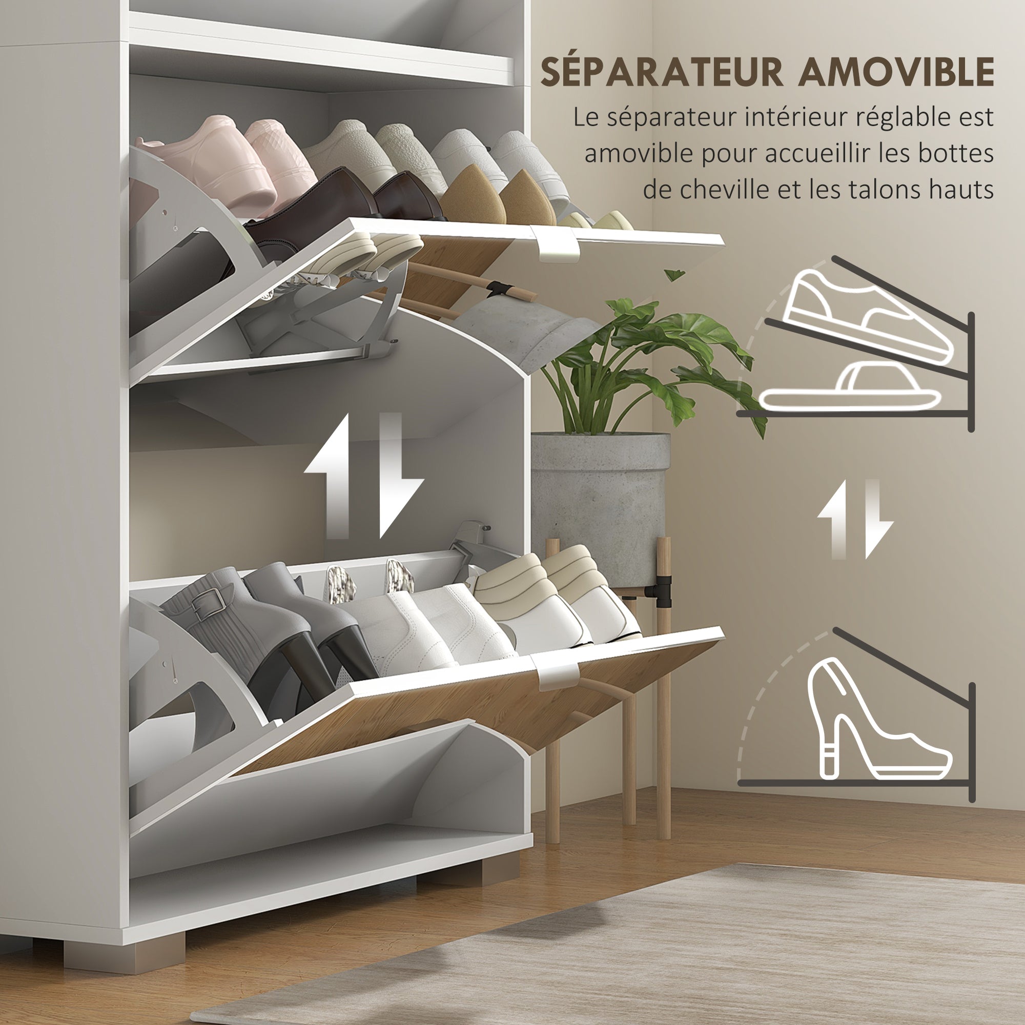 Meuble à chaussures 2 en 1 armoire à chaussures étroite façades miroir, 4 portes abattants, étagères réglables, gain de place, 76l x 26P x 168H cm blanc