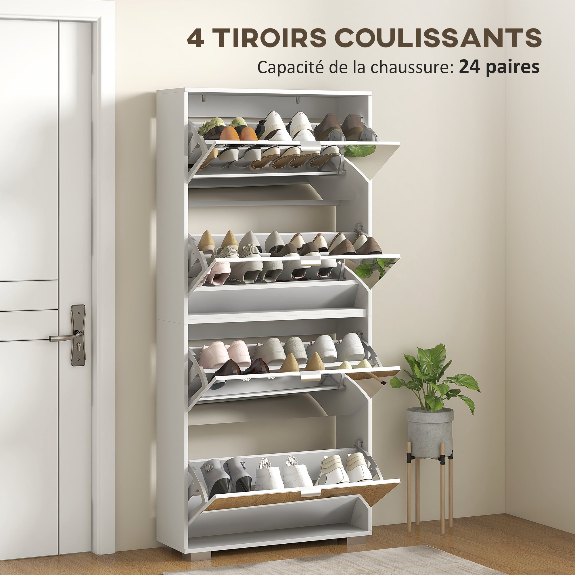 Meuble à chaussures 2 en 1 armoire à chaussures étroite façades miroir, 4 portes abattants, étagères réglables, gain de place, 76l x 26P x 168H cm blanc