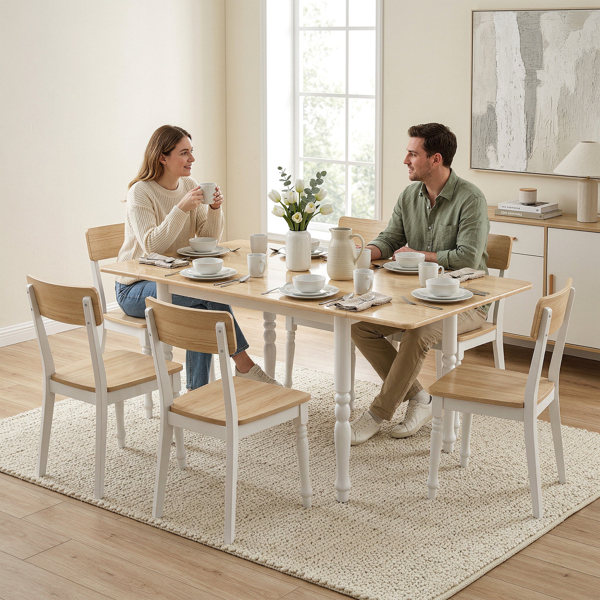 Table à manger pliante pour 4 à 6 personnes 74-134 cm, table de cuisine rectangulaire avec 2 abattants, pieds tournés en acier, pour petits espaces, salle à manger, effet bois naturel