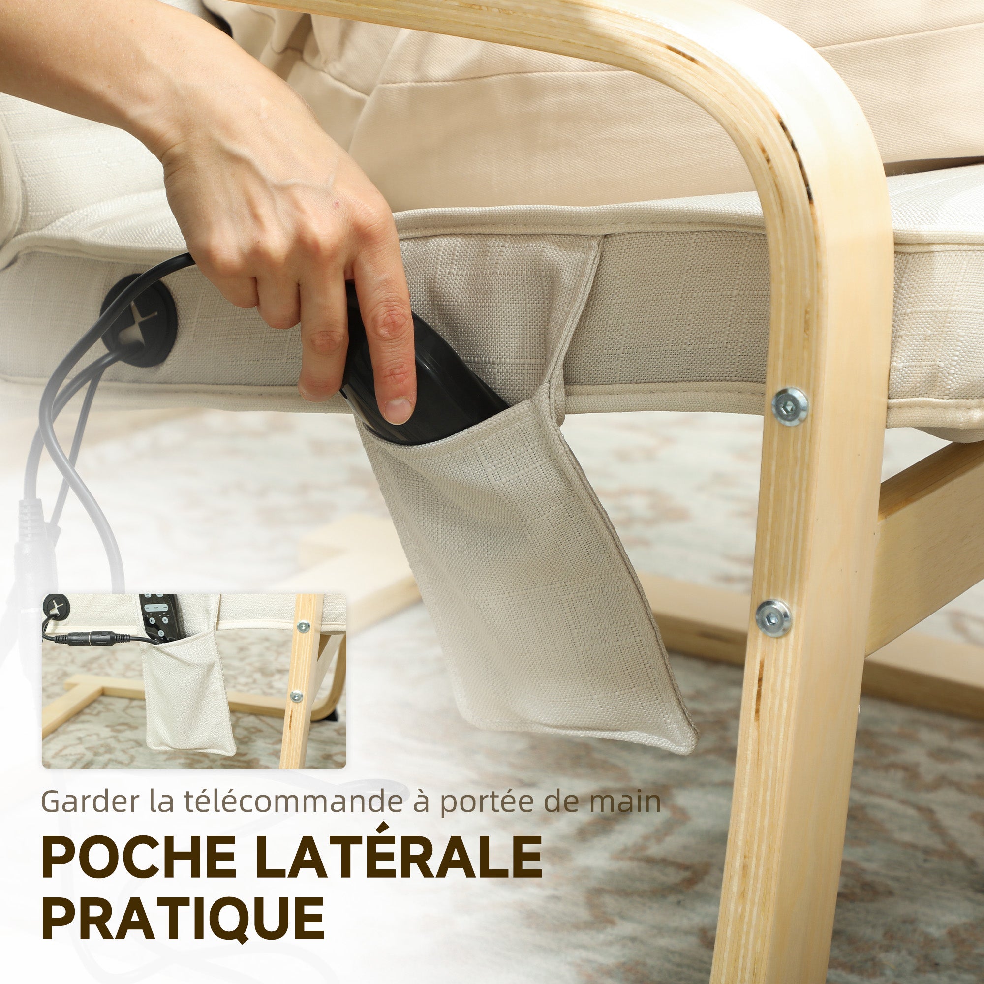 Fauteuil de salon, fauteuil relax massant et chauffant avec dossier haut, appui-tête, repose-pieds réglable, télécommande et poche latérale, tissu aspect lin, pour chambre salon, crème