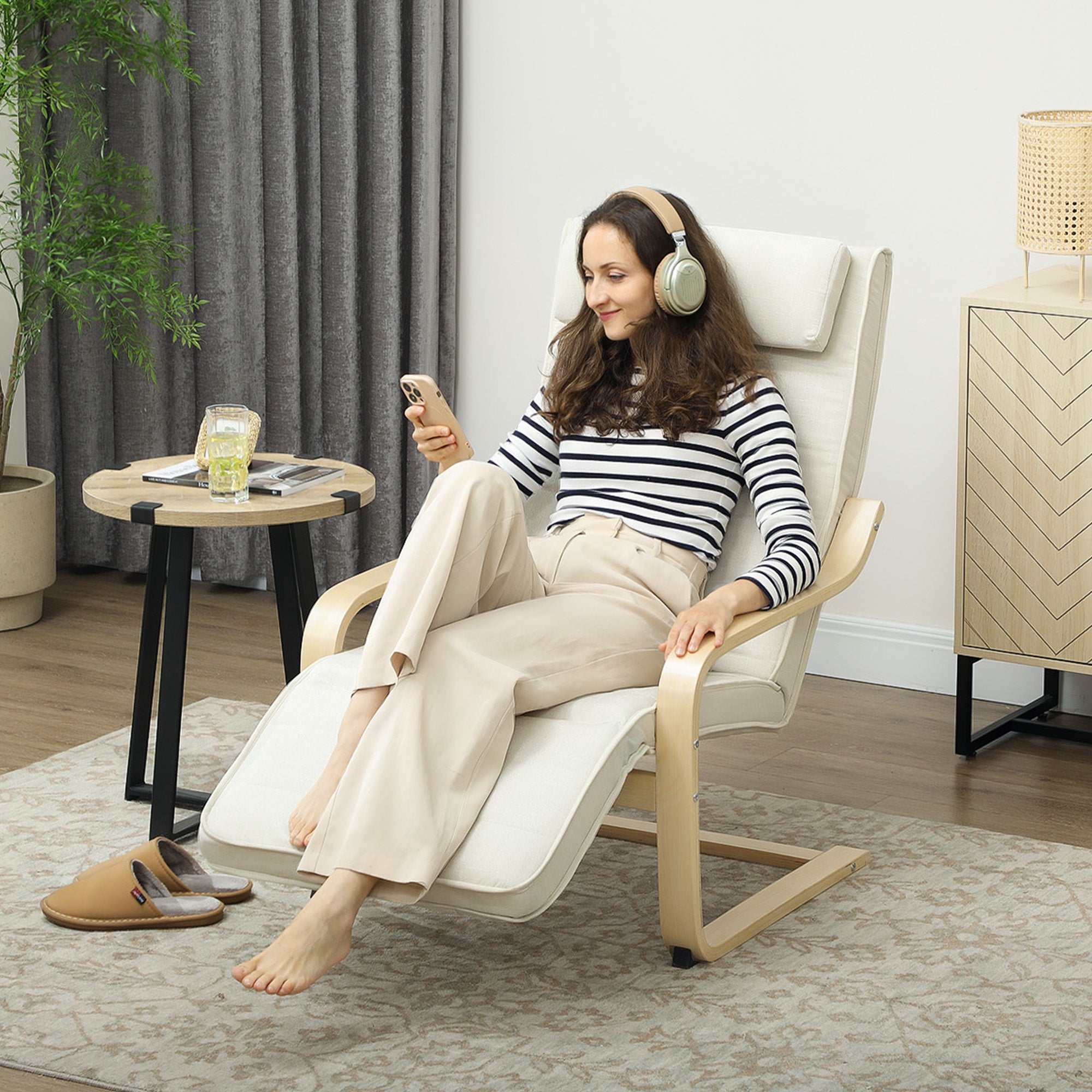 Fauteuil de salon, fauteuil relax massant et chauffant avec dossier haut, appui-tête, repose-pieds réglable, télécommande et poche latérale, tissu aspect lin, pour chambre salon, crème
