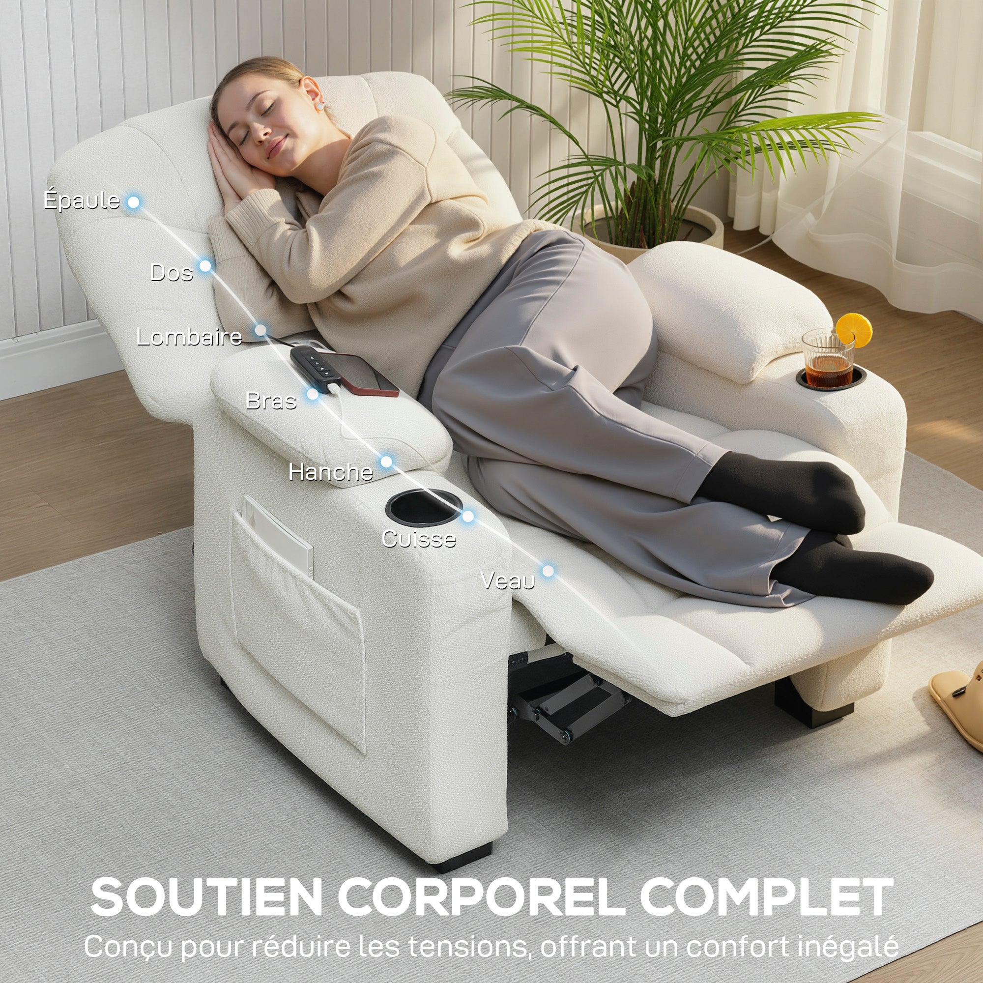 Fauteuil relax électrique, fauteuil inclinable en velours, port USB, assise large, repose-pieds, porte-gobelets, poches latérales, télécommande, moteur silencieux, 2 positions mémoire, crème