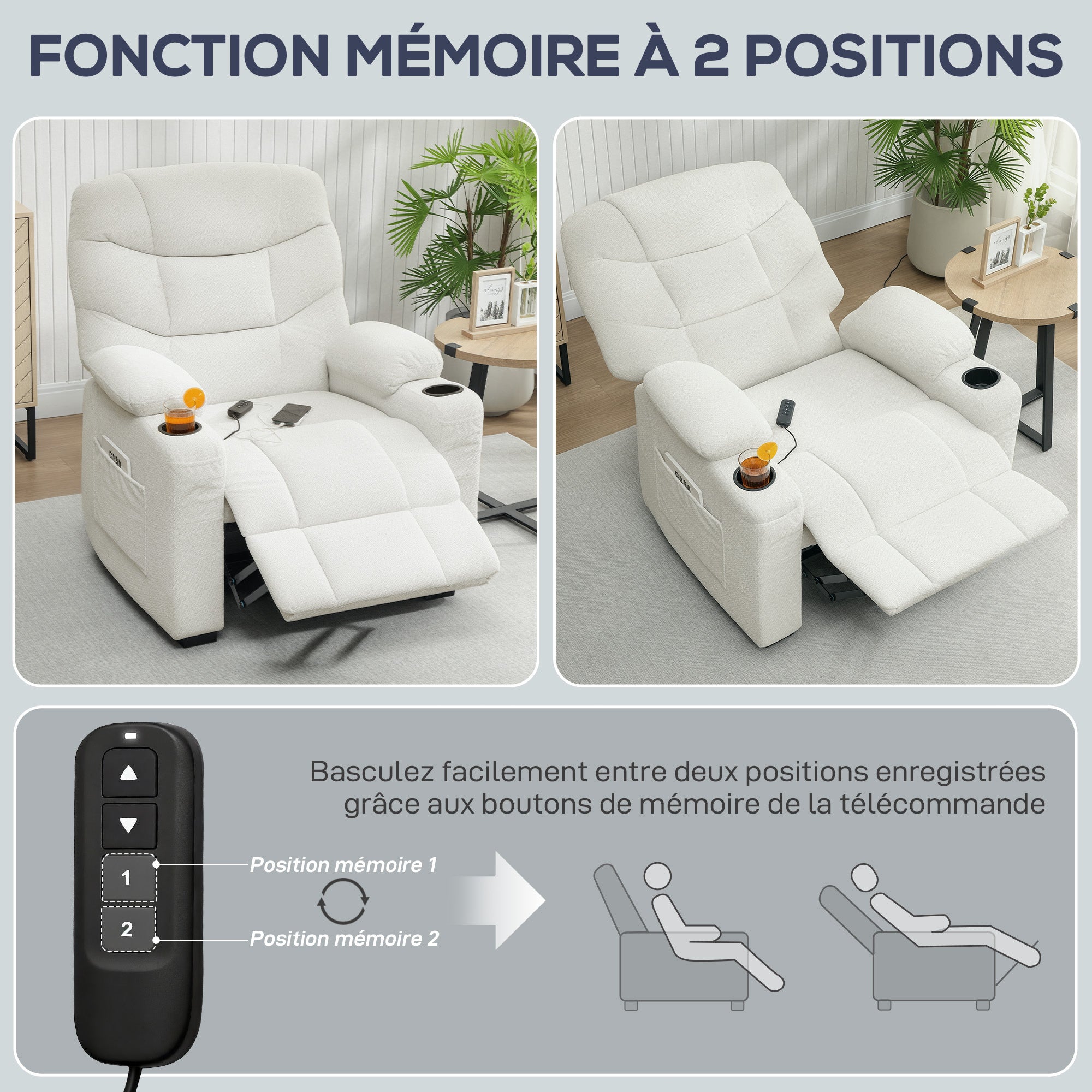 Fauteuil relax électrique, fauteuil inclinable en velours, port USB, assise large, repose-pieds, porte-gobelets, poches latérales, télécommande, moteur silencieux, 2 positions mémoire, crème