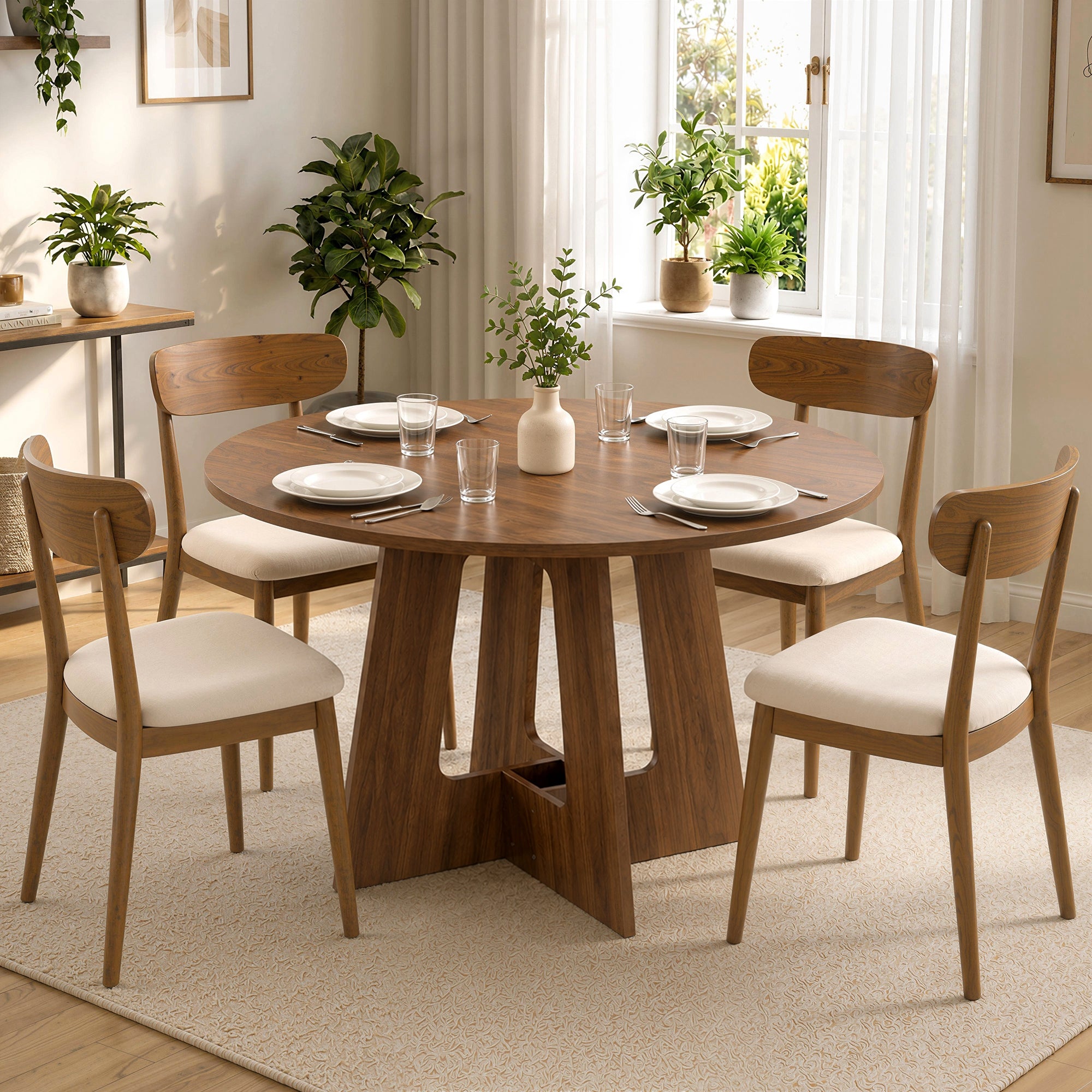 Table à manger ronde pour 4 personnes, Ø 110 x 73,5 cm, table de cuisine avec base croisée, style rustique, pour salon, salle à manger, marron