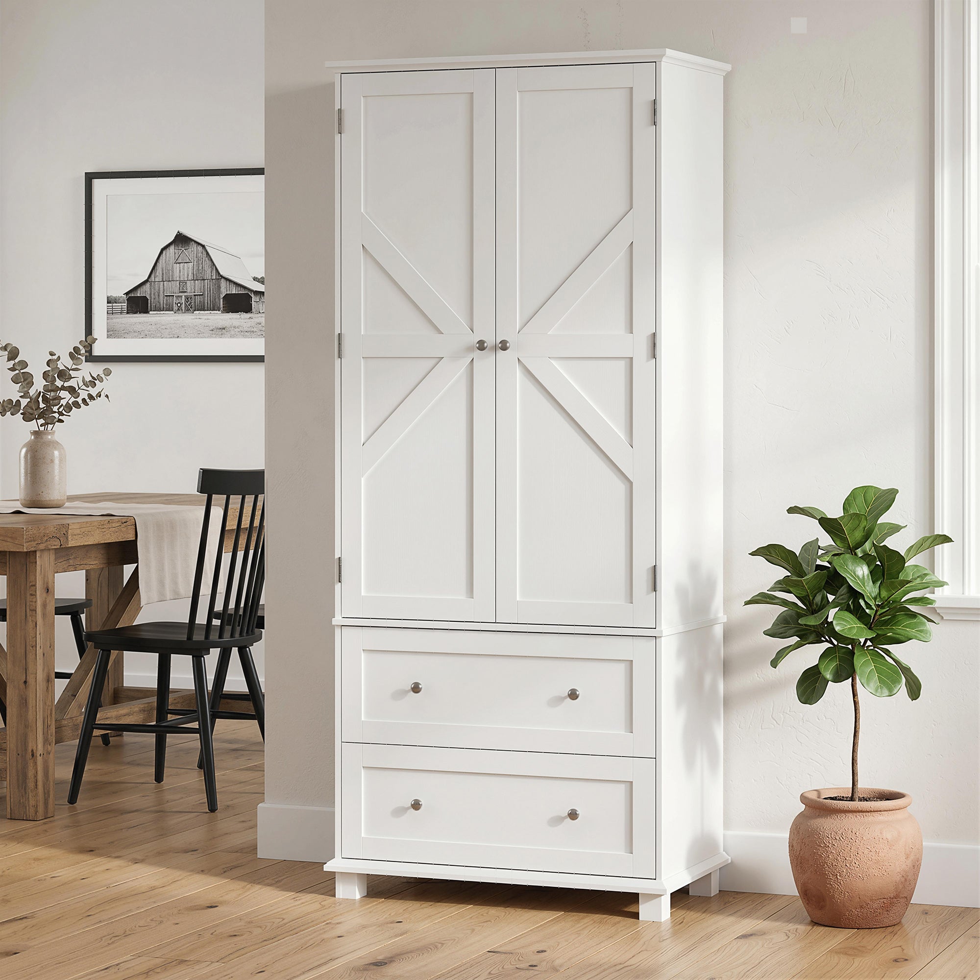 Buffet haut cuisine, armoire de cuisine, vaisselier, 2 portes 2 tiroirs 6 porte-racks étagères réglables, style rustique, meuble de rangement pour salon, salle à manger, 80x39,5x184,5cm, blanc