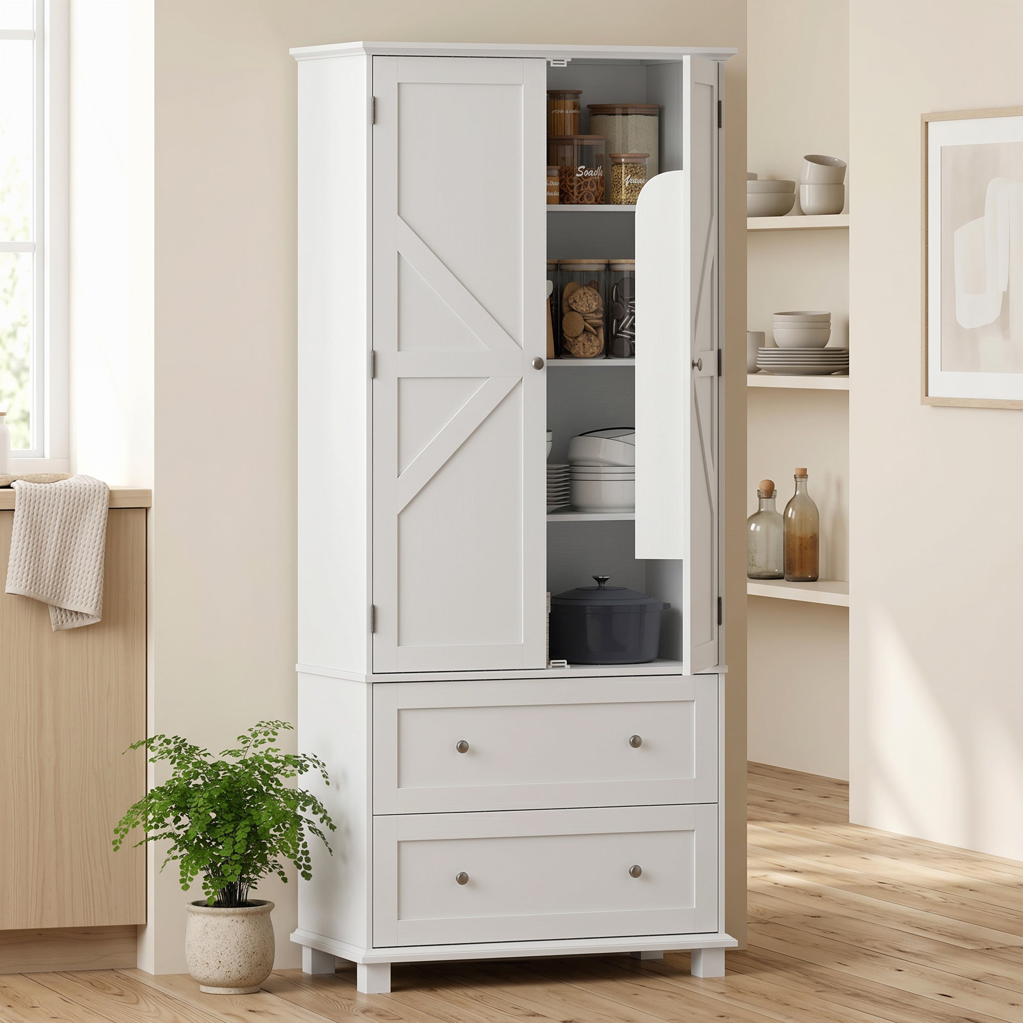 Buffet haut cuisine, armoire de cuisine, vaisselier, 2 portes 2 tiroirs 6 porte-racks étagères réglables, style rustique, meuble de rangement pour salon, salle à manger, 80x39,5x184,5cm, blanc