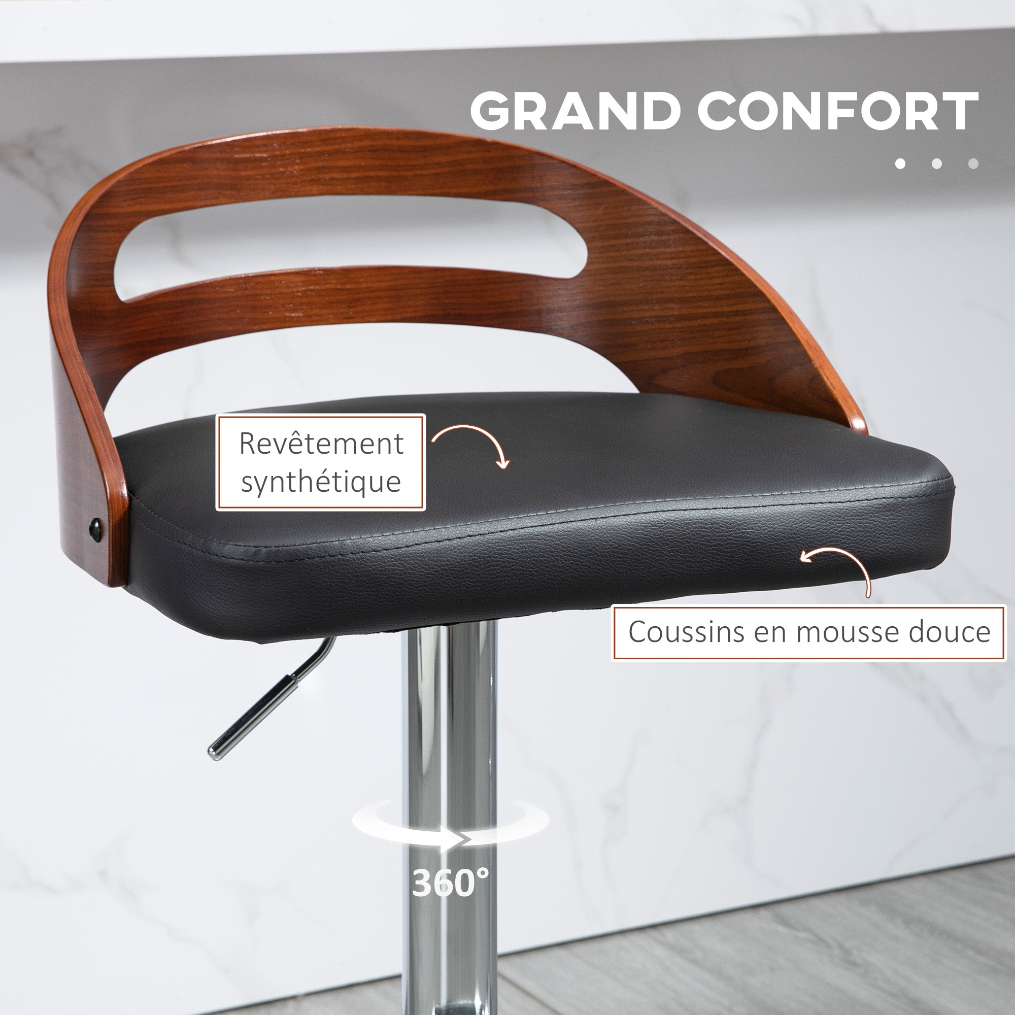 Lot de 2 tabourets de Bar Design Contemporain Hauteur d'assise réglable pivotant 360° revêtement synthétique Noir Dossier ajouré Aspect Bois