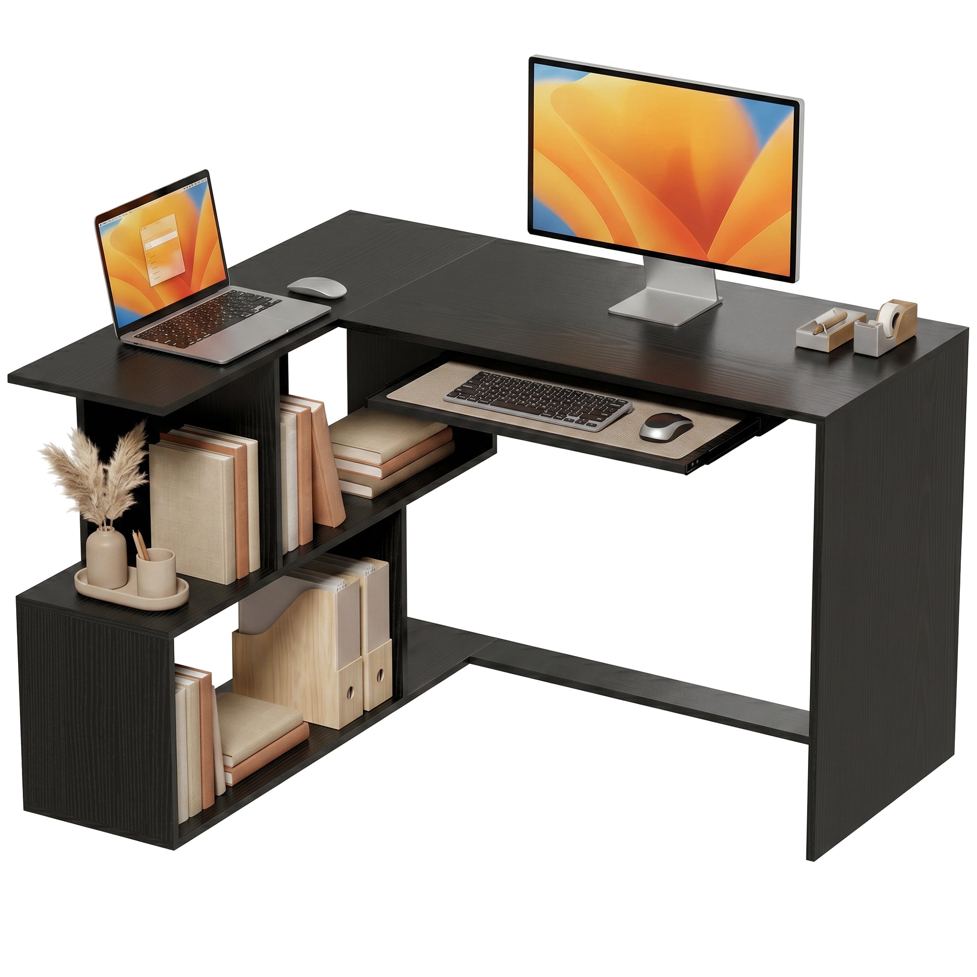 Bureau d'Angle, 120 x 100 x 76 cm, Bureau Informatique en L avec Plateau de Clavier, 4 Compartiments Ouverts, Style Moderne, Table de Travail pour Domicile, Chambre, Petit Espace, Noir