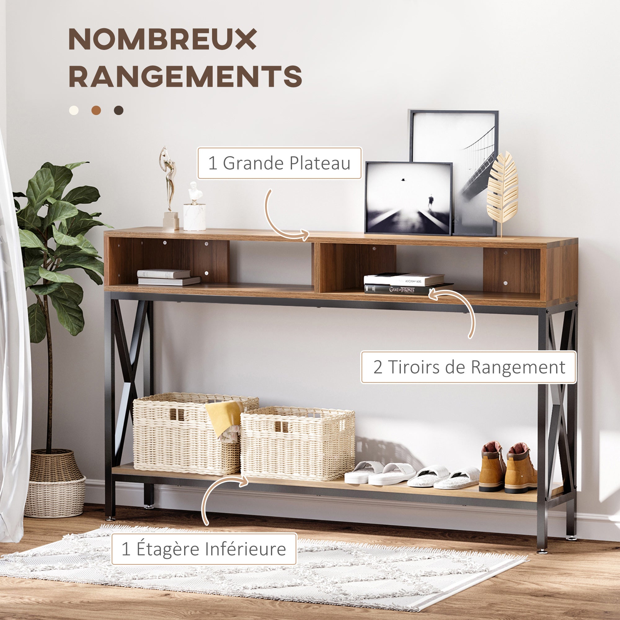 Table Console Table d'Entrée Industriel Multi-rangements 120 x 23,5 x 75 cm Bois Noyer
