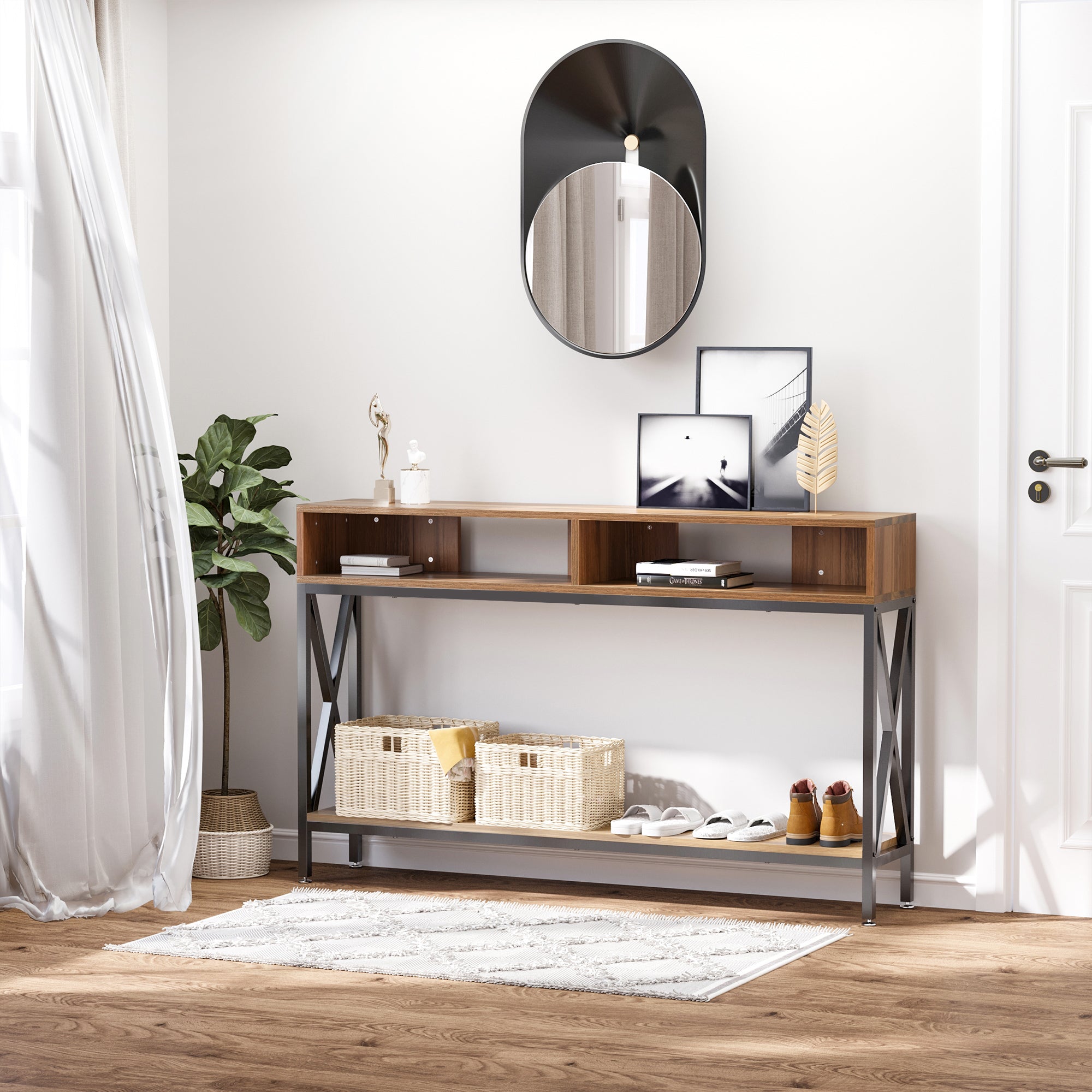 Table Console Table d'Entrée Industriel Multi-rangements 120 x 23,5 x 75 cm Bois Noyer