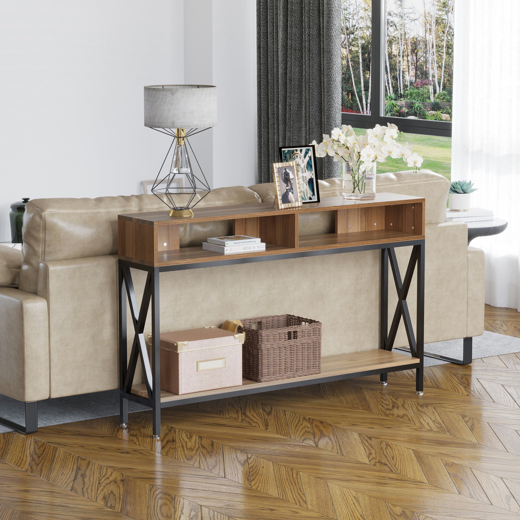Table Console Table d'Entrée Industriel Multi-rangements 120 x 23,5 x 75 cm Bois Noyer