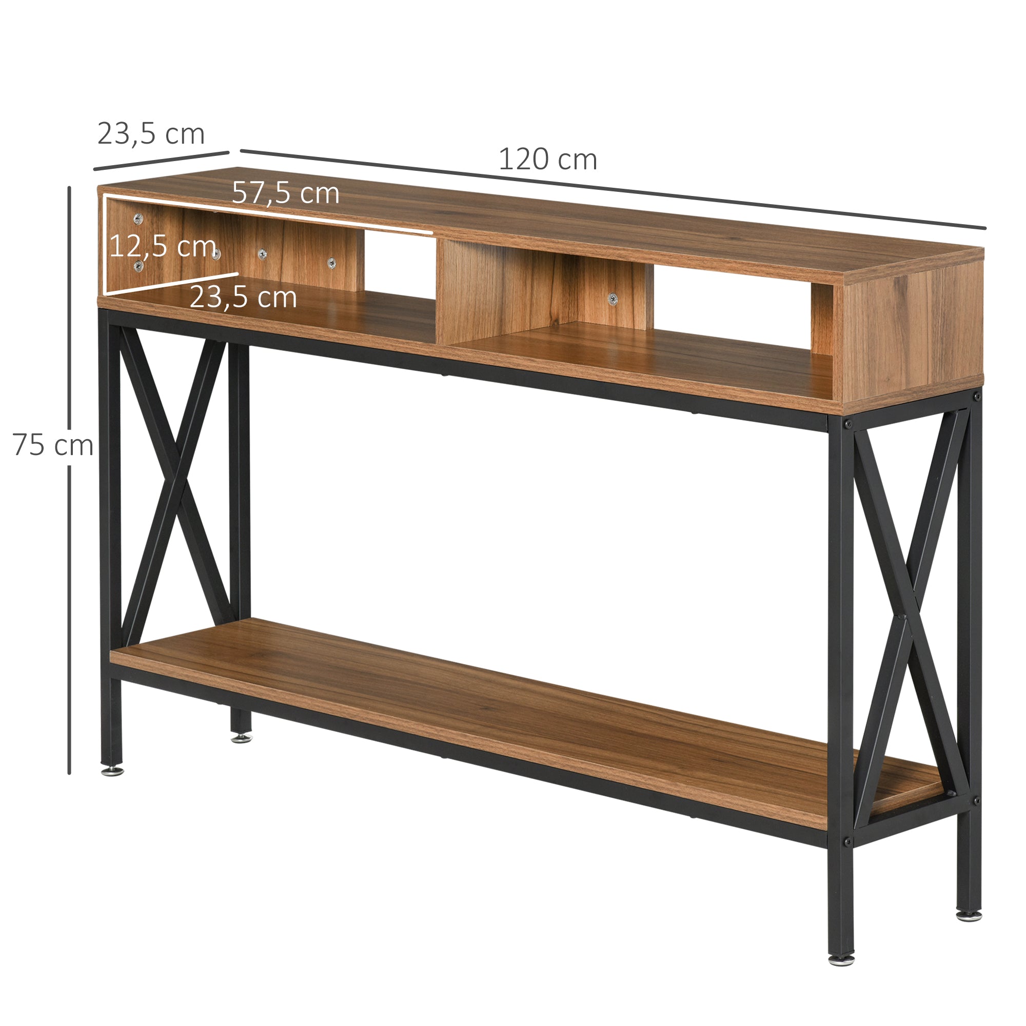 Table Console Table d'Entrée Industriel Multi-rangements 120 x 23,5 x 75 cm Bois Noyer