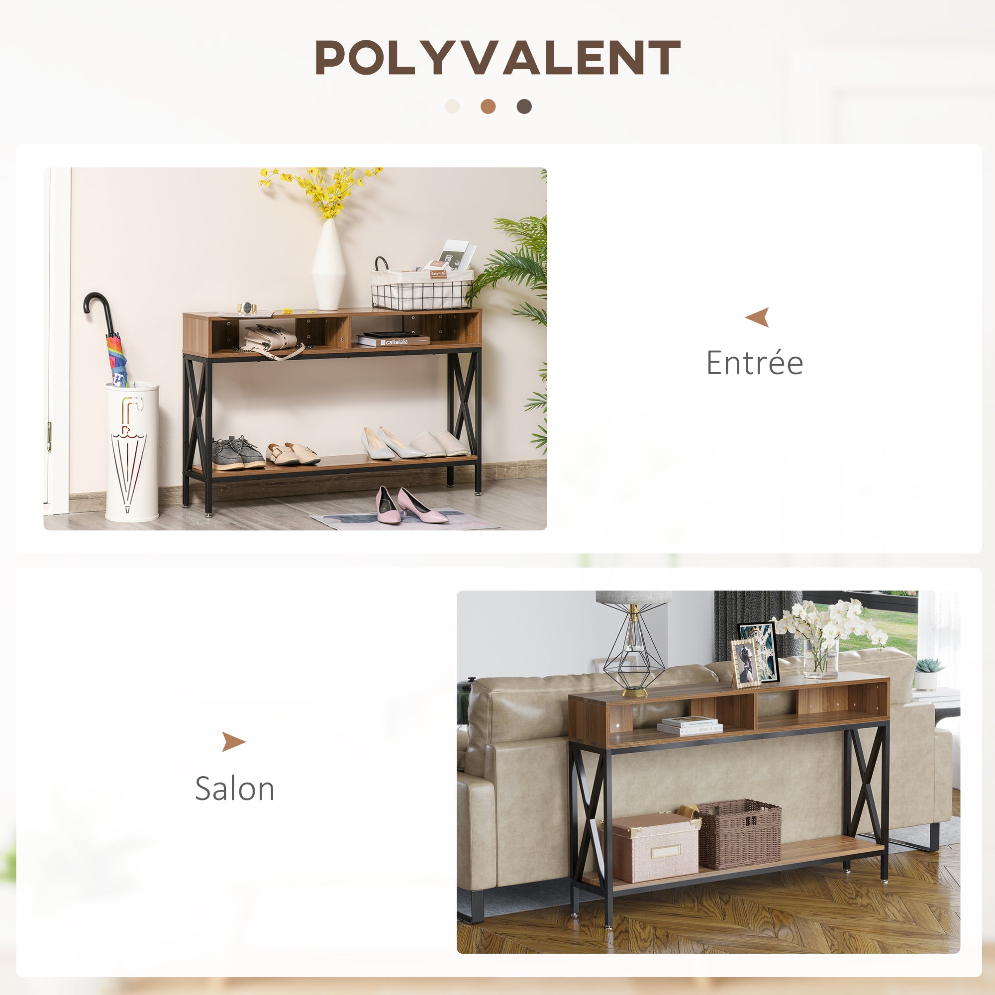 Table Console Table d'Entrée Industriel Multi-rangements 120 x 23,5 x 75 cm Bois Noyer