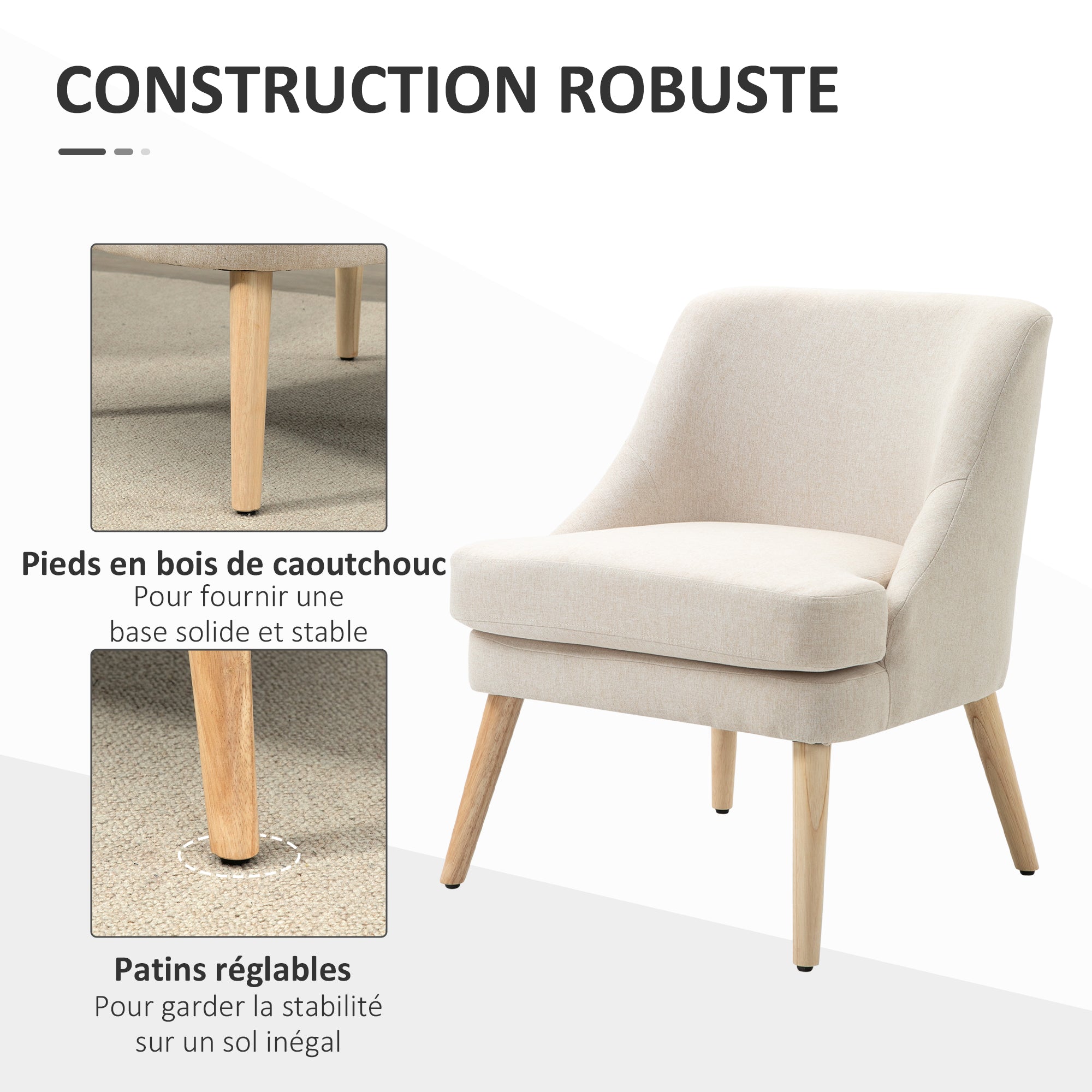 Fauteuil Scandinave Fauteuil salon confortable Fauteuil pour chambre Pieds en Bois Massif revêtement Tissu Lin beige