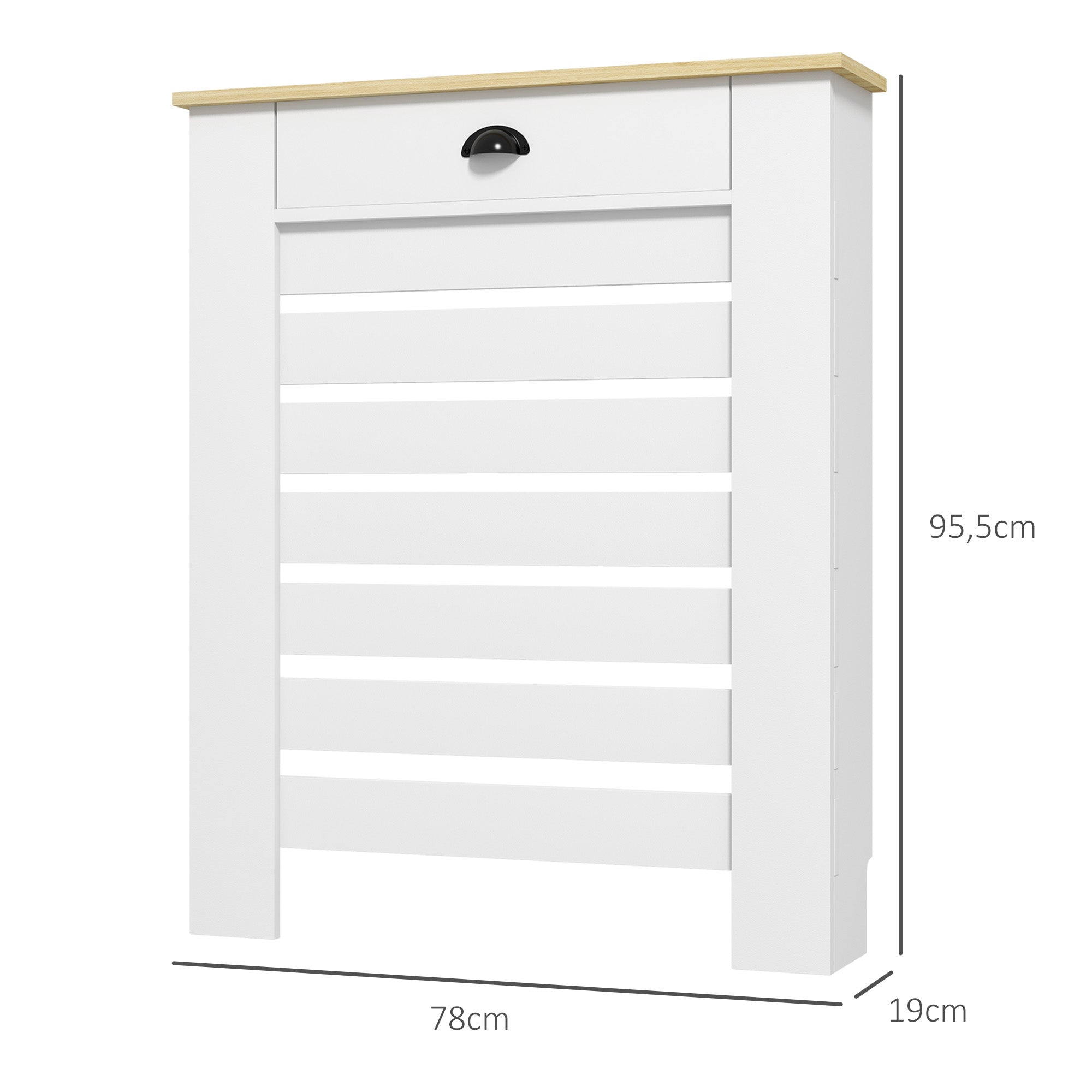 Couvercle de radiateur, cache radiateur, grille à lattes horizontales, avec tiroir, pour salon, chambre à coucher, couloir, en bois, 78 x 19 x 95,5 cm, blanc