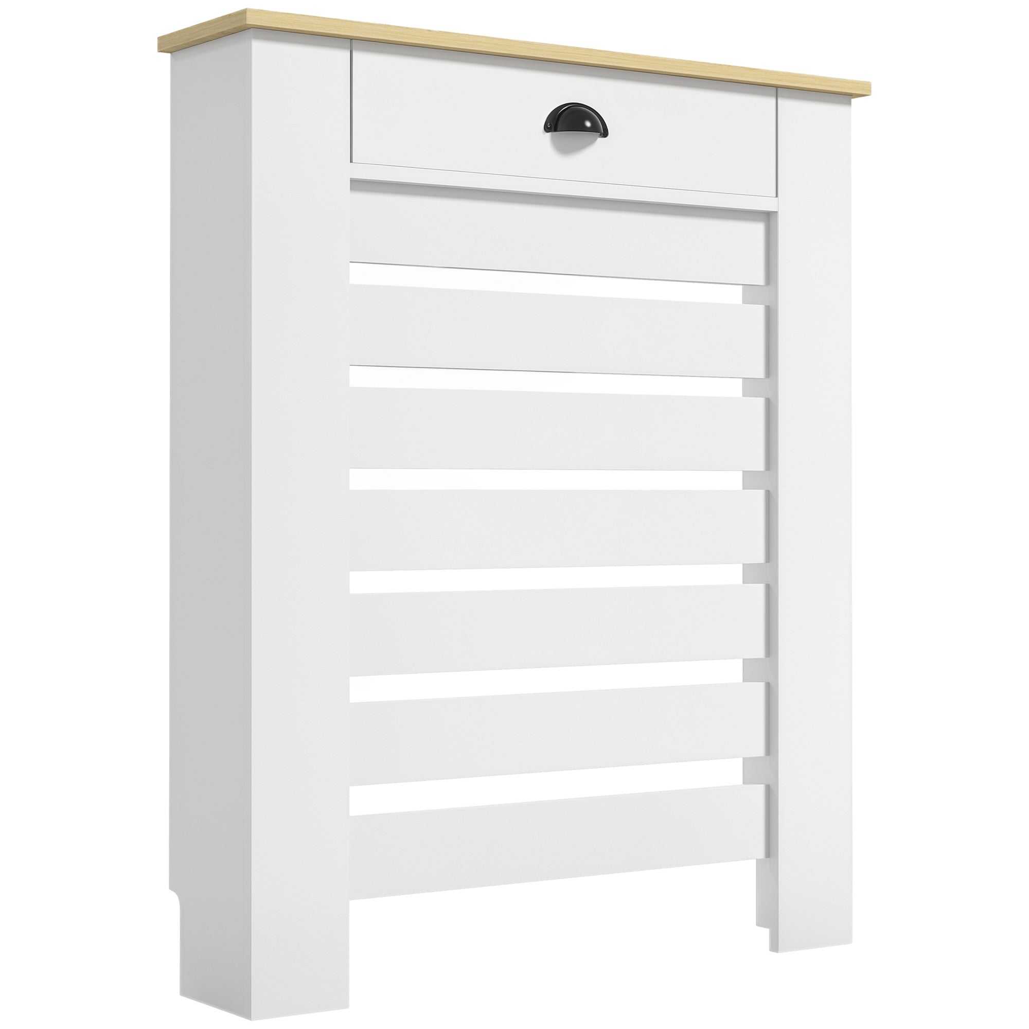Couvercle de radiateur, cache radiateur, grille à lattes horizontales, avec tiroir, pour salon, chambre à coucher, couloir, en bois, 78 x 19 x 95,5 cm, blanc