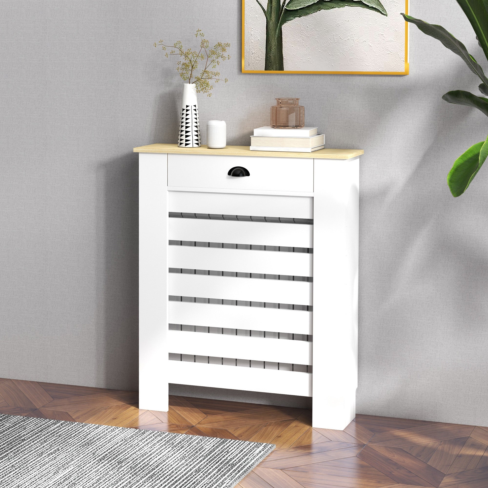 Couvercle de radiateur, cache radiateur, grille à lattes horizontales, avec tiroir, pour salon, chambre à coucher, couloir, en bois, 78 x 19 x 95,5 cm, blanc