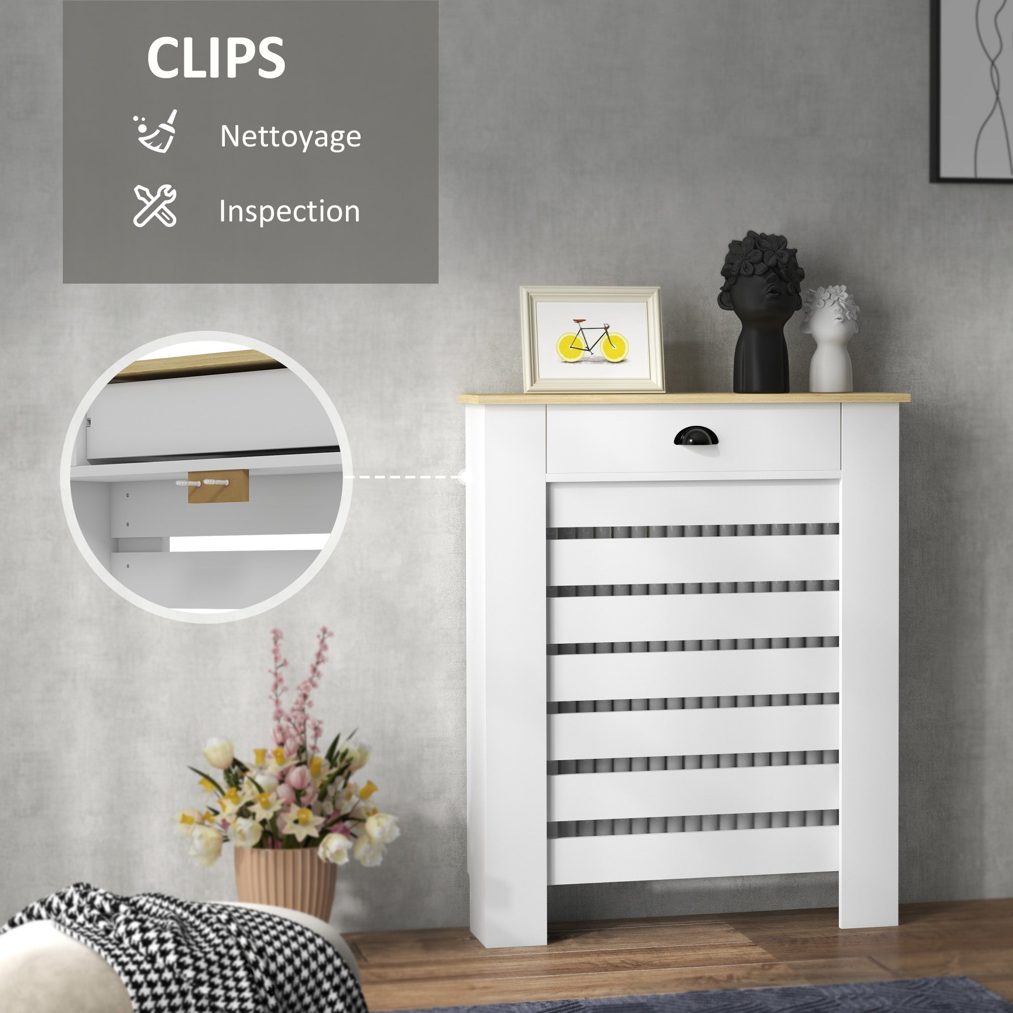 Couvercle de radiateur, cache radiateur, grille à lattes horizontales, avec tiroir, pour salon, chambre à coucher, couloir, en bois, 78 x 19 x 95,5 cm, blanc