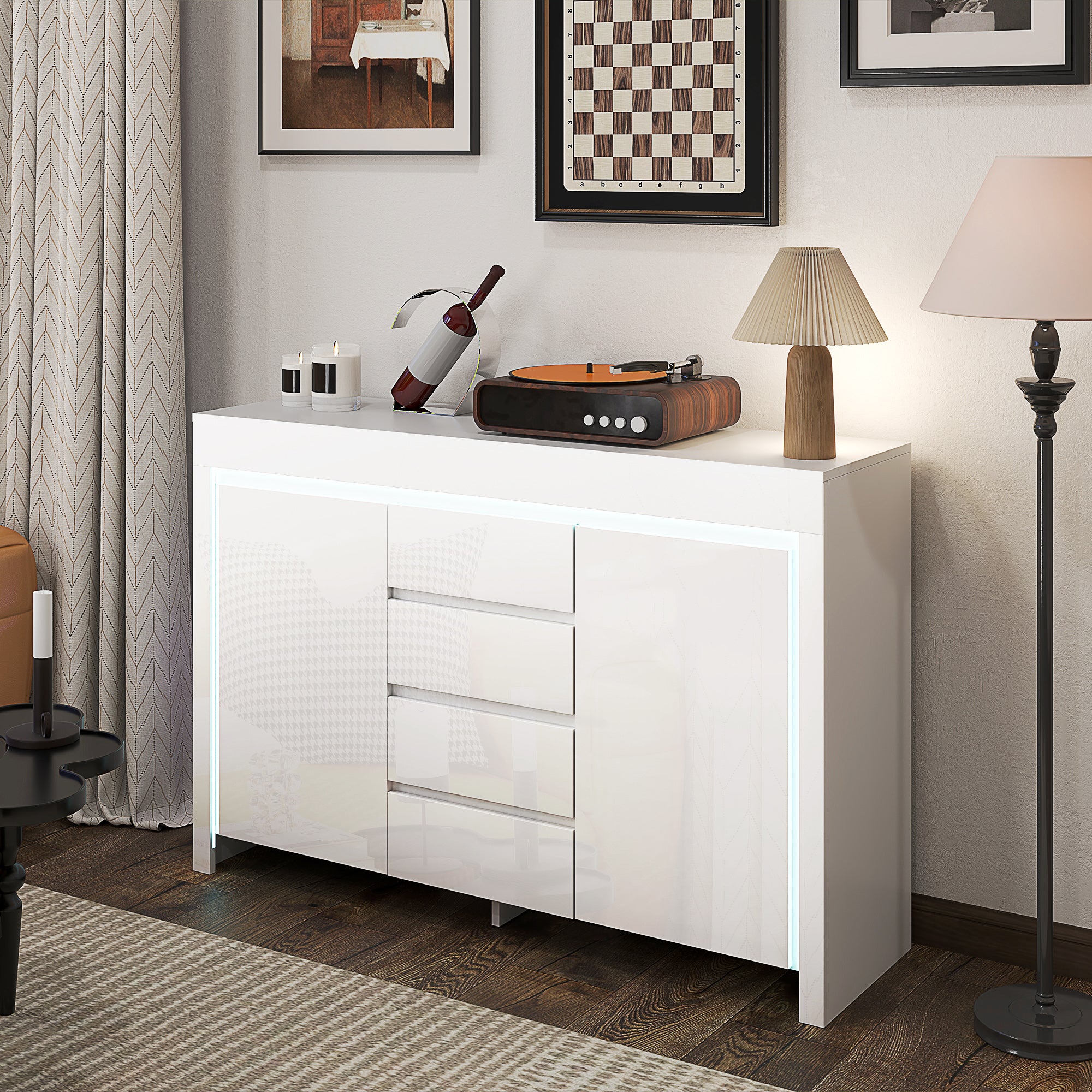 Buffet salon, meuble de rangement avec éclairage LED 4 tiroirs portes à fermeture douce et étagères réglables, style moderne, buffet salle à manger et cuisine, 120 x 34 x 80 cm, blanc brillant