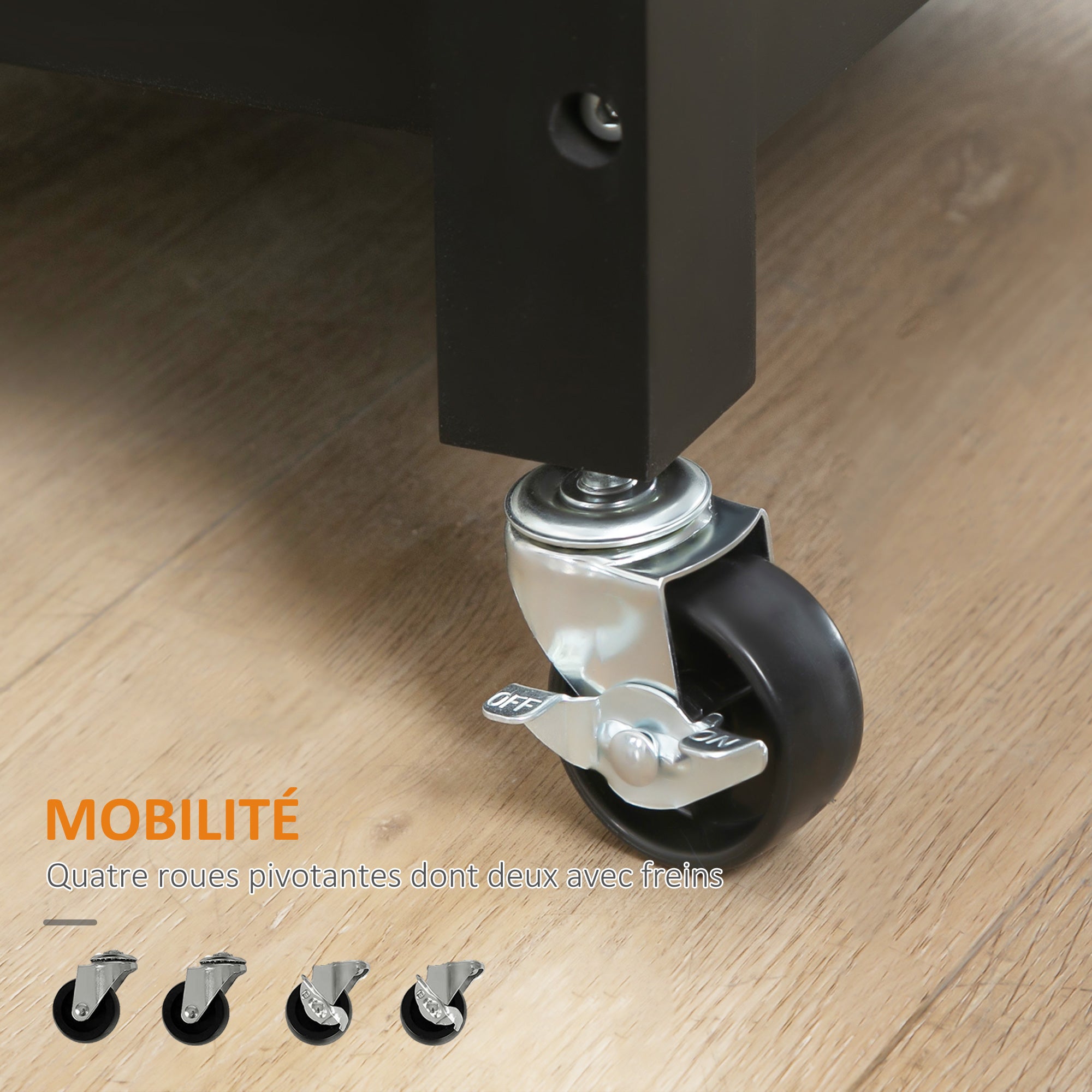 Desserte de Cuisine à roulettes Chariot de Service Style Contemporain - Porte, tiroir, 3 étagères - poignées métal Plateau Bois hévéa Noir