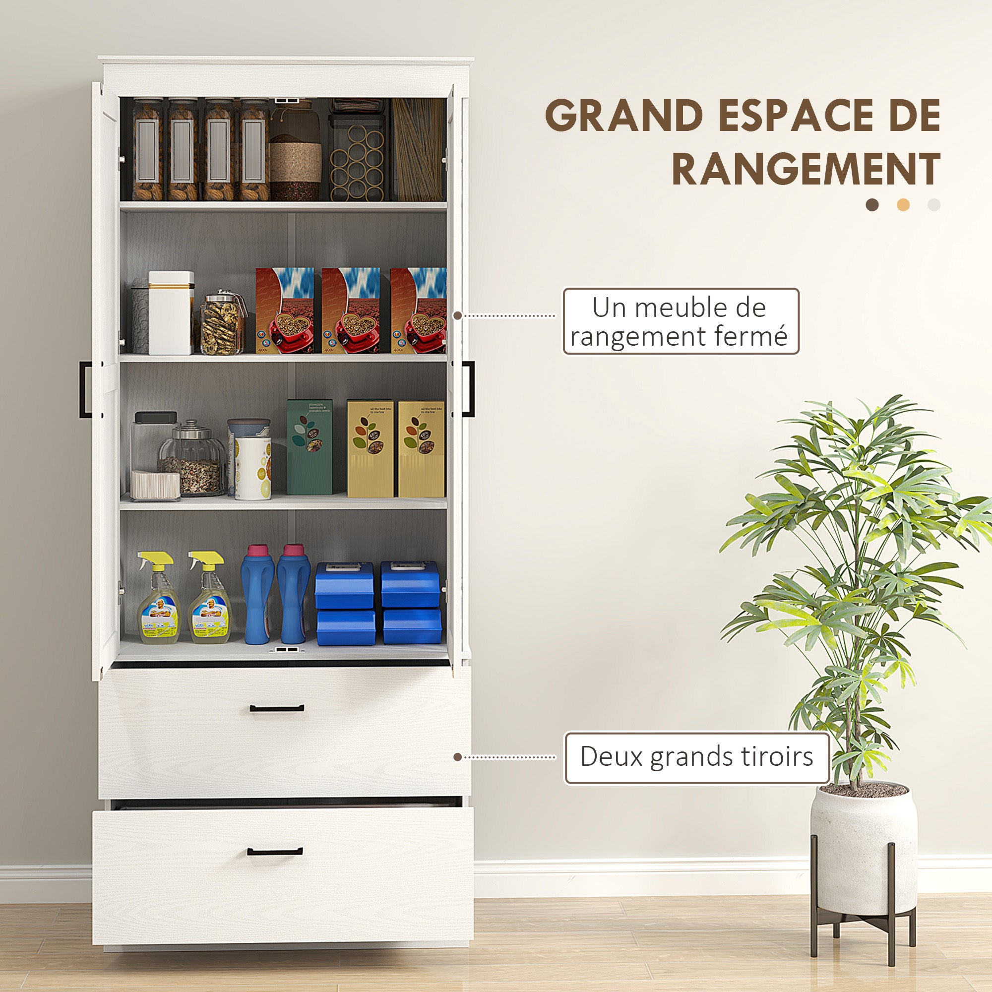 Armoire de cuisine buffet cuisine vaisselier meuble de rangement style moderne avec placard, 2 tiroirs et étagères réglables, 75 x 39 x 178 cm, gris