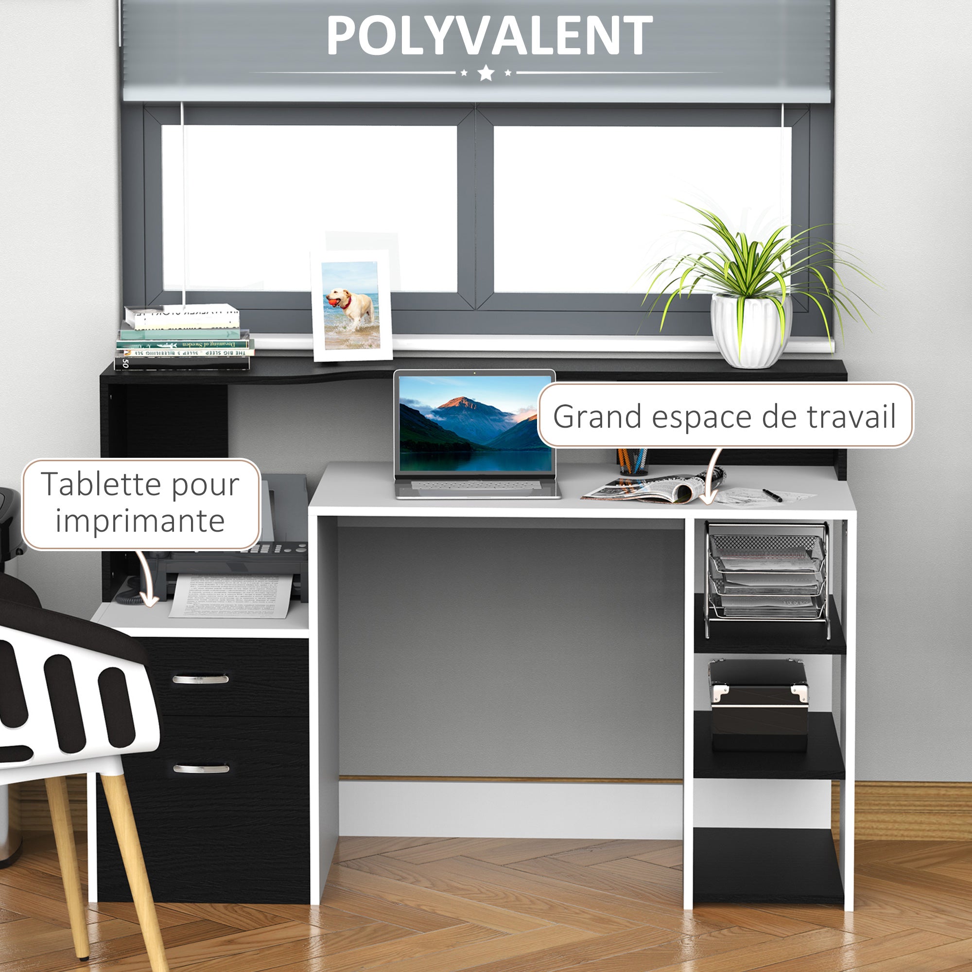 Bureau informatique Bureau avec rangement multimédia design multi-rangements 137 L x 55 l x 92 H cm noir et blanc