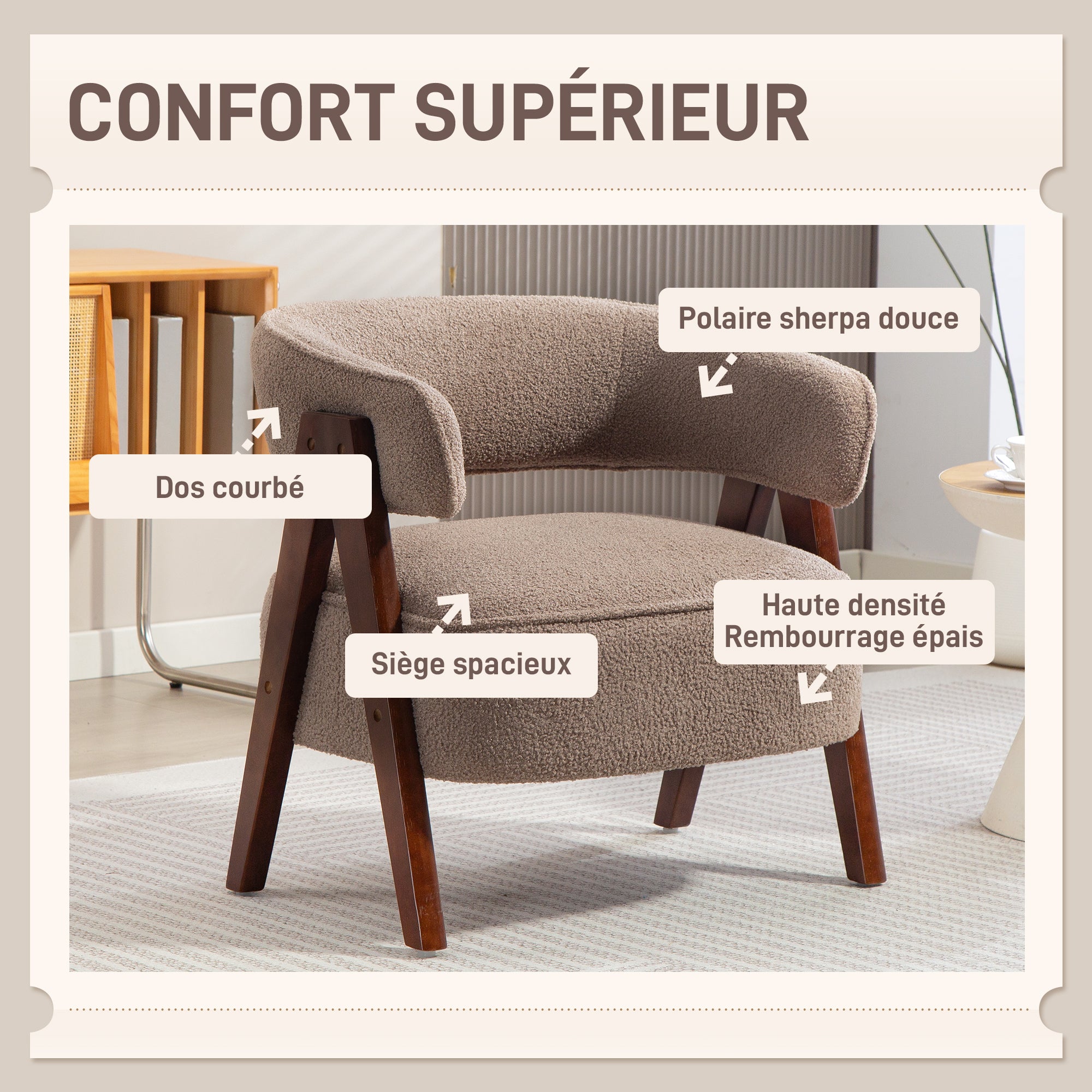 Fauteuil de salon en tissu bouclette, chaise rembourrée, assise large, dossier ergonomique, accoudoirs, pieds en bois massif et structure en acier, fauteuil de chambre, salon, bureau, marron