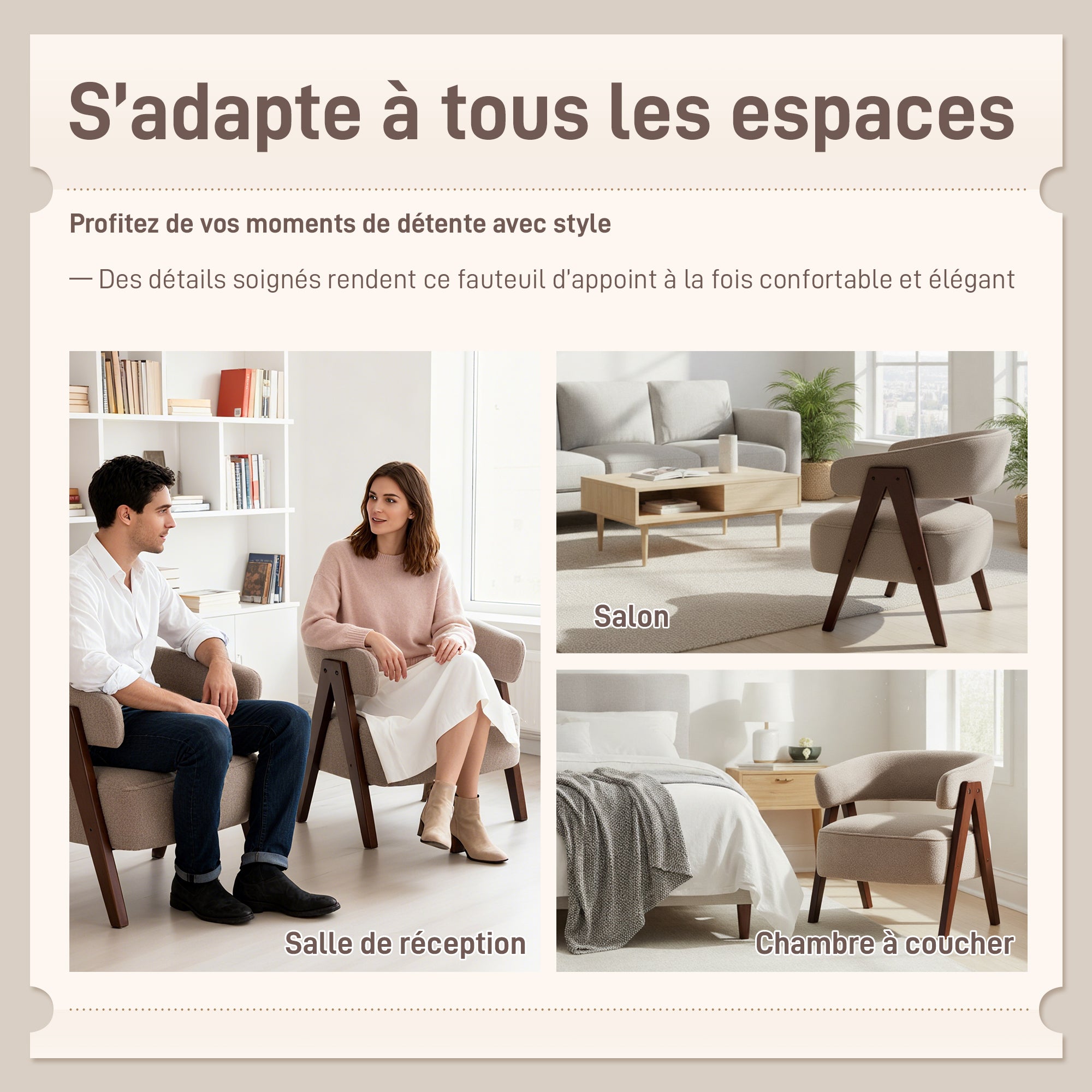 Fauteuil de salon en tissu bouclette, chaise rembourrée, assise large, dossier ergonomique, accoudoirs, pieds en bois massif et structure en acier, fauteuil de chambre, salon, bureau, marron